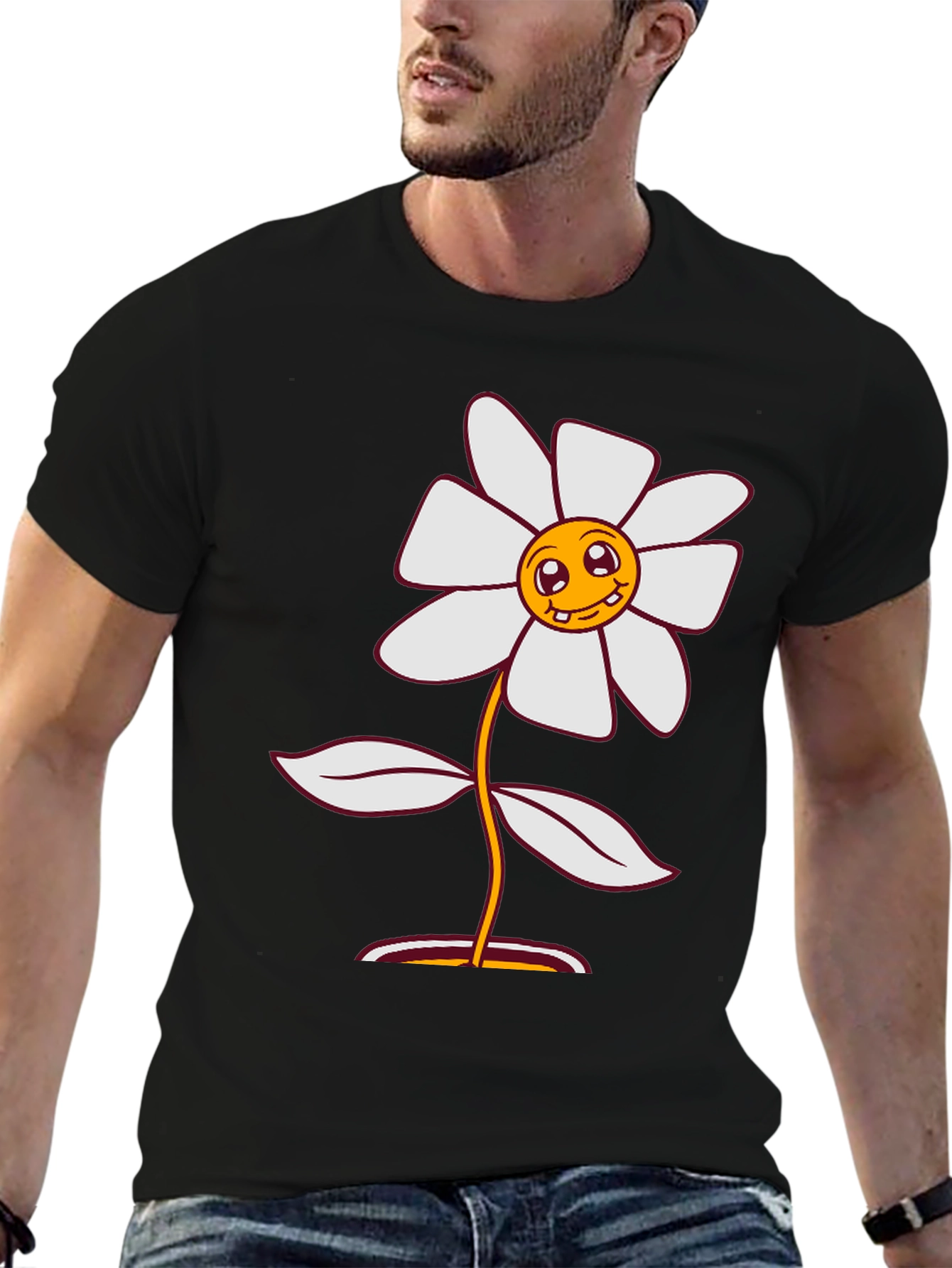 Black Smiley Flower Graphic Tee - Black Cotton Blend view 6