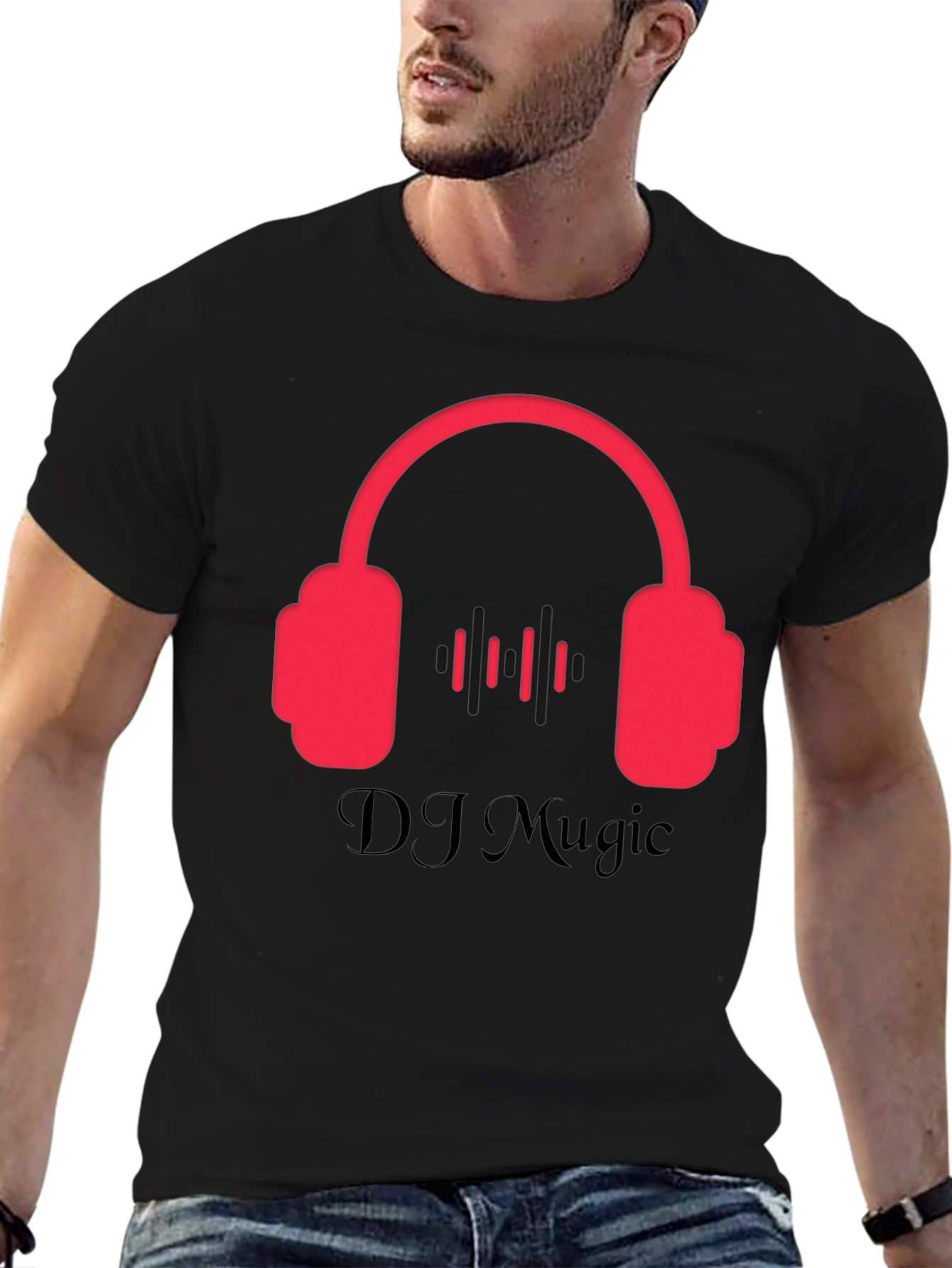 Black DJ Music Black T-Shirt with Headphone Design view 6
