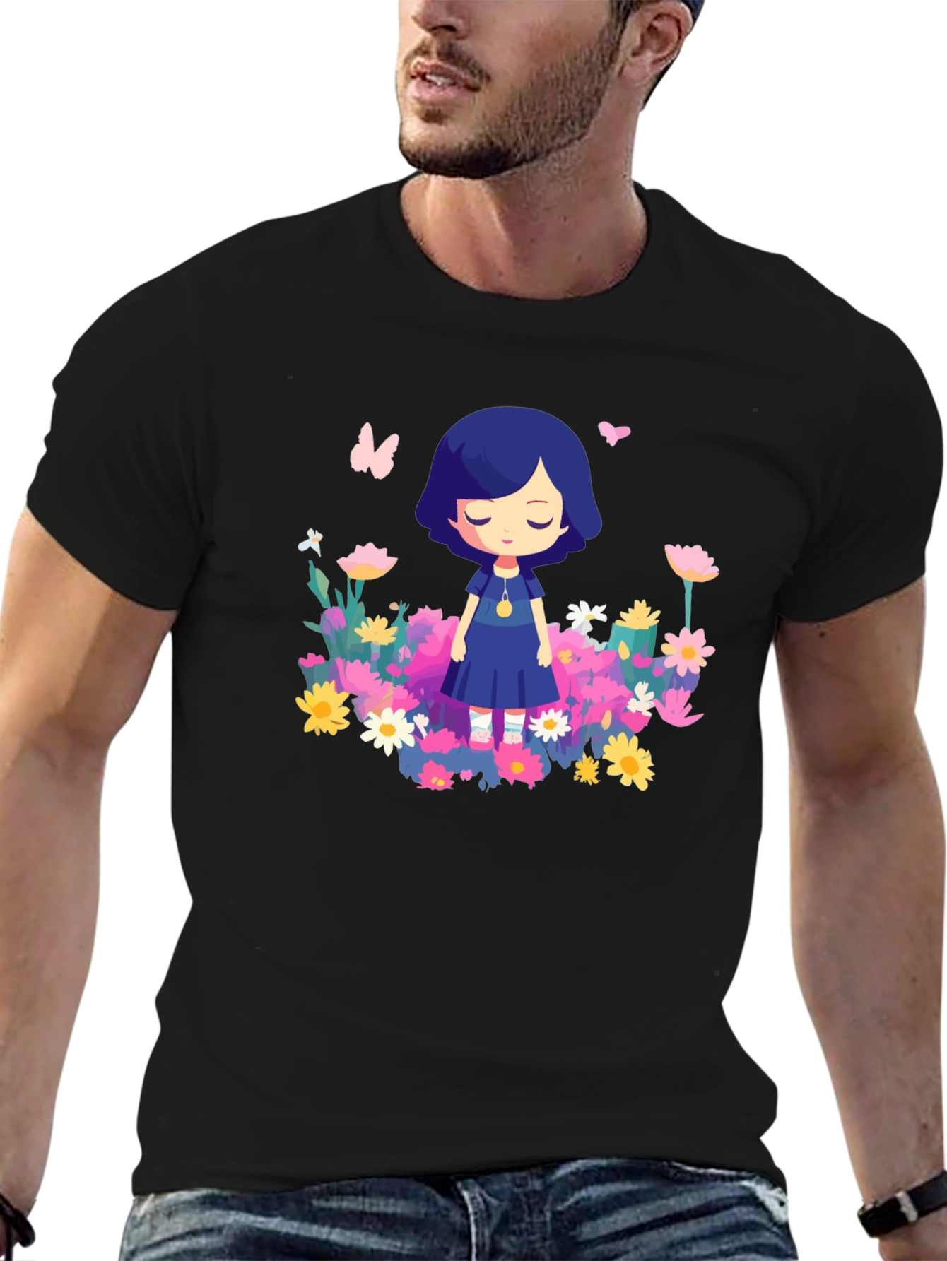 Black Floral Cartoon Graphic Black T-Shirt view 6