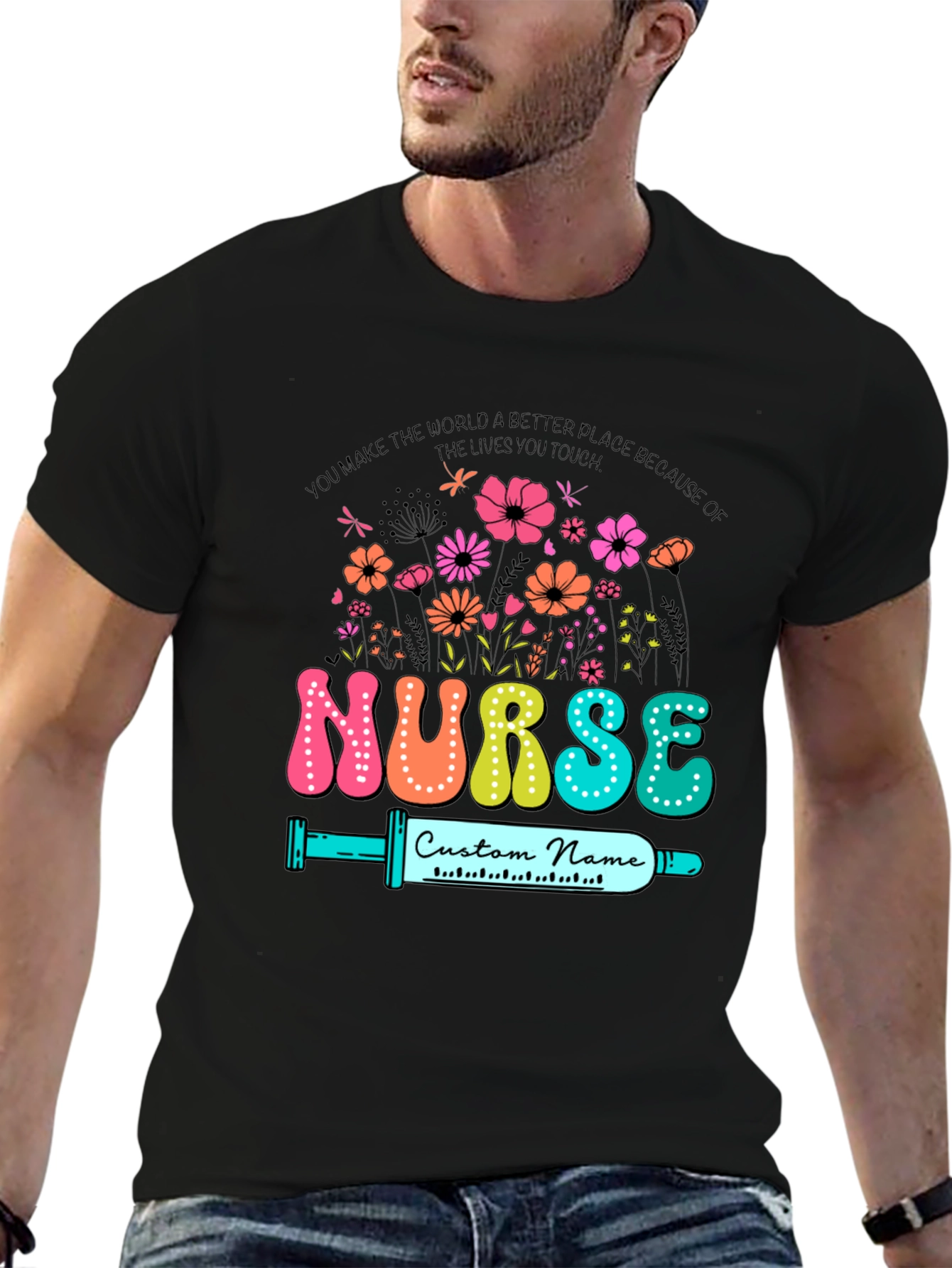 Black Floral Nurse Custom Name T-Shirt view 6