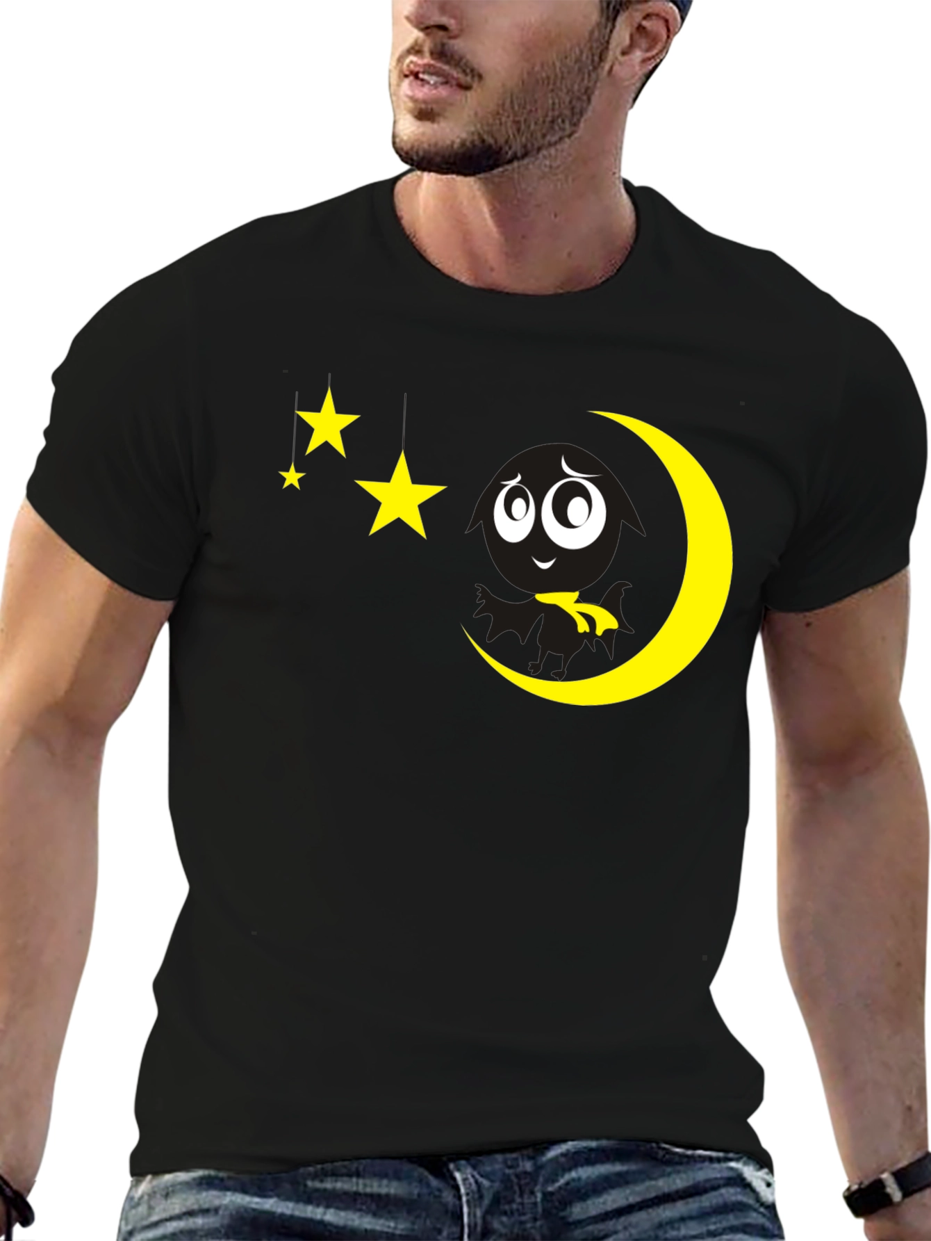 Black Night Sky Tee: Moon & Stars Graphic Black T-Shirt view 6