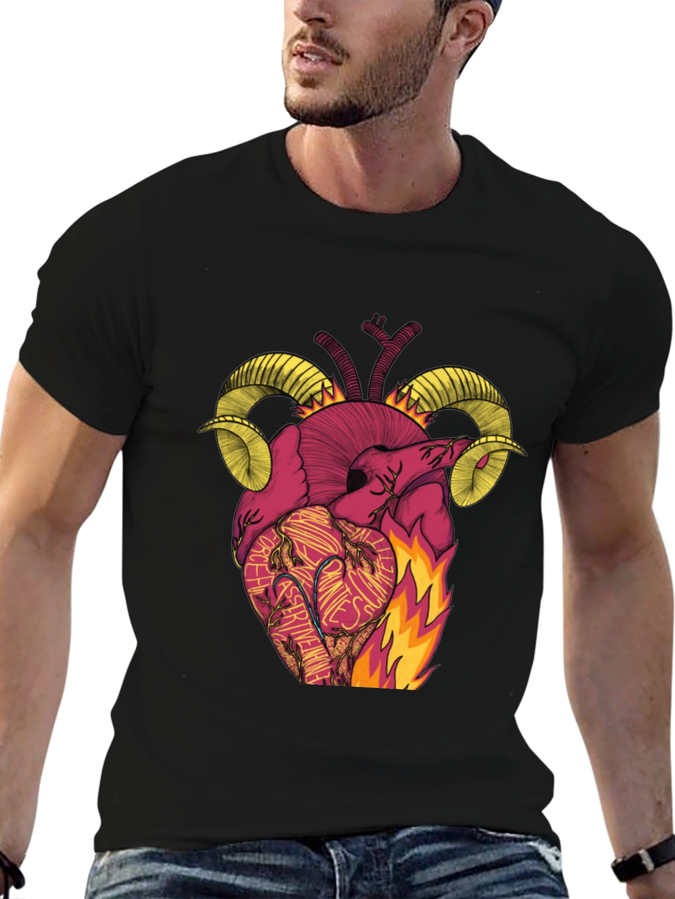 Black Fiery Heart Ram Horn Graphic Tee view 6