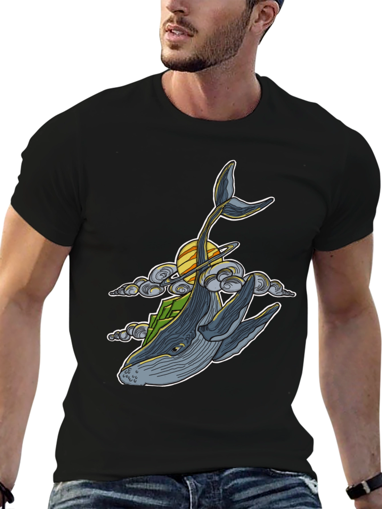 Black Whimsical Whale T-Shirt - Celestial Ocean Design view 6