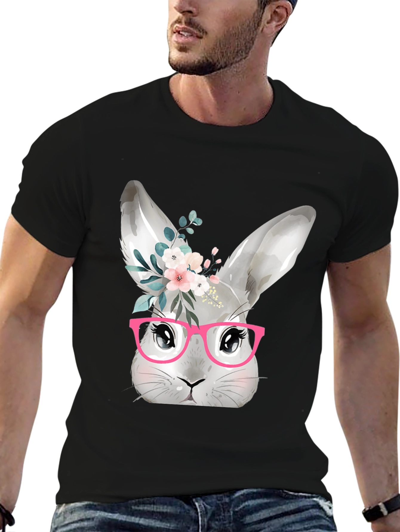Black Cute Bunny with Glasses T-Shirt - Black view 6