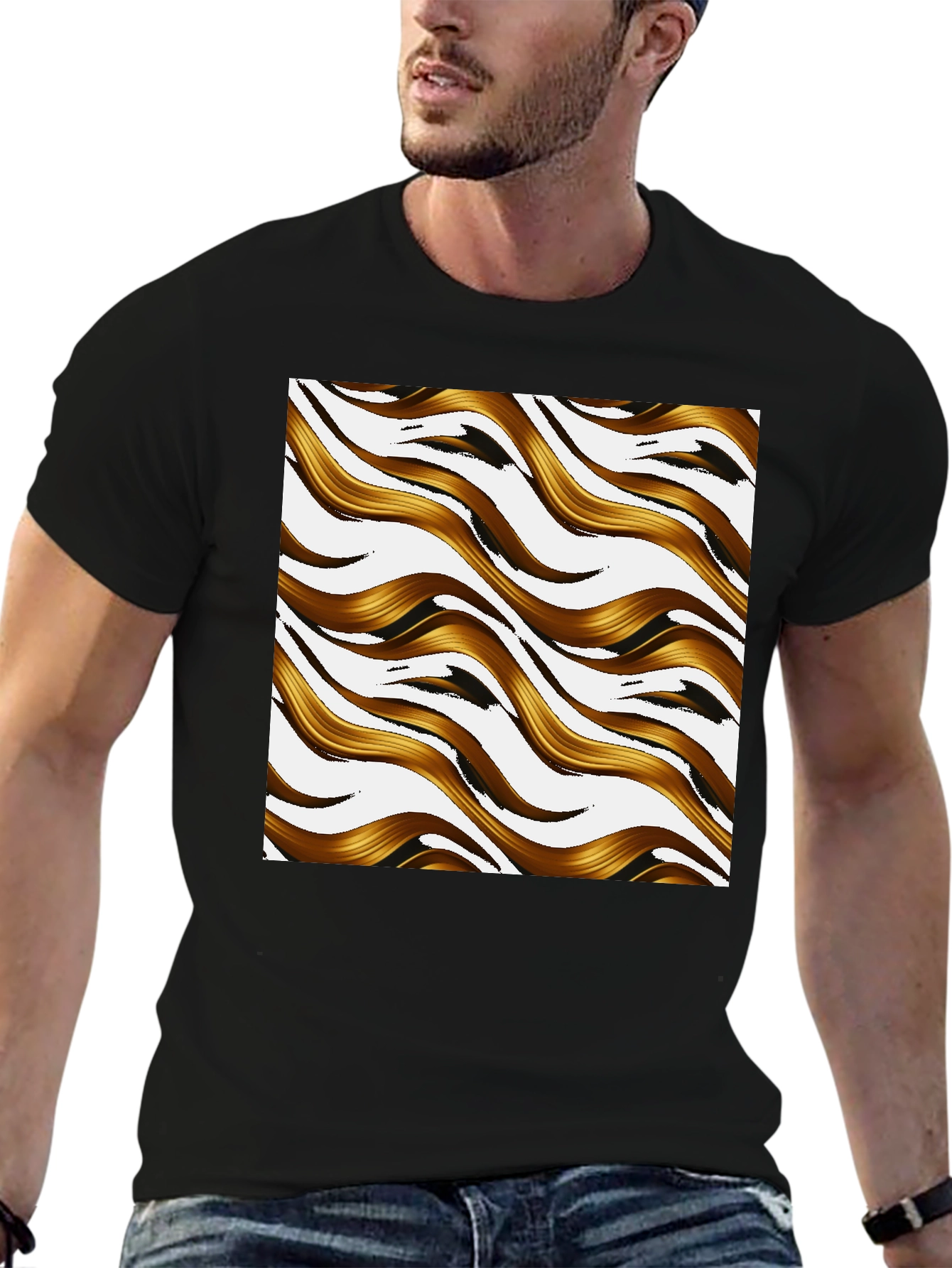 Black Golden Waves Graphic Print Black T-Shirt view 6