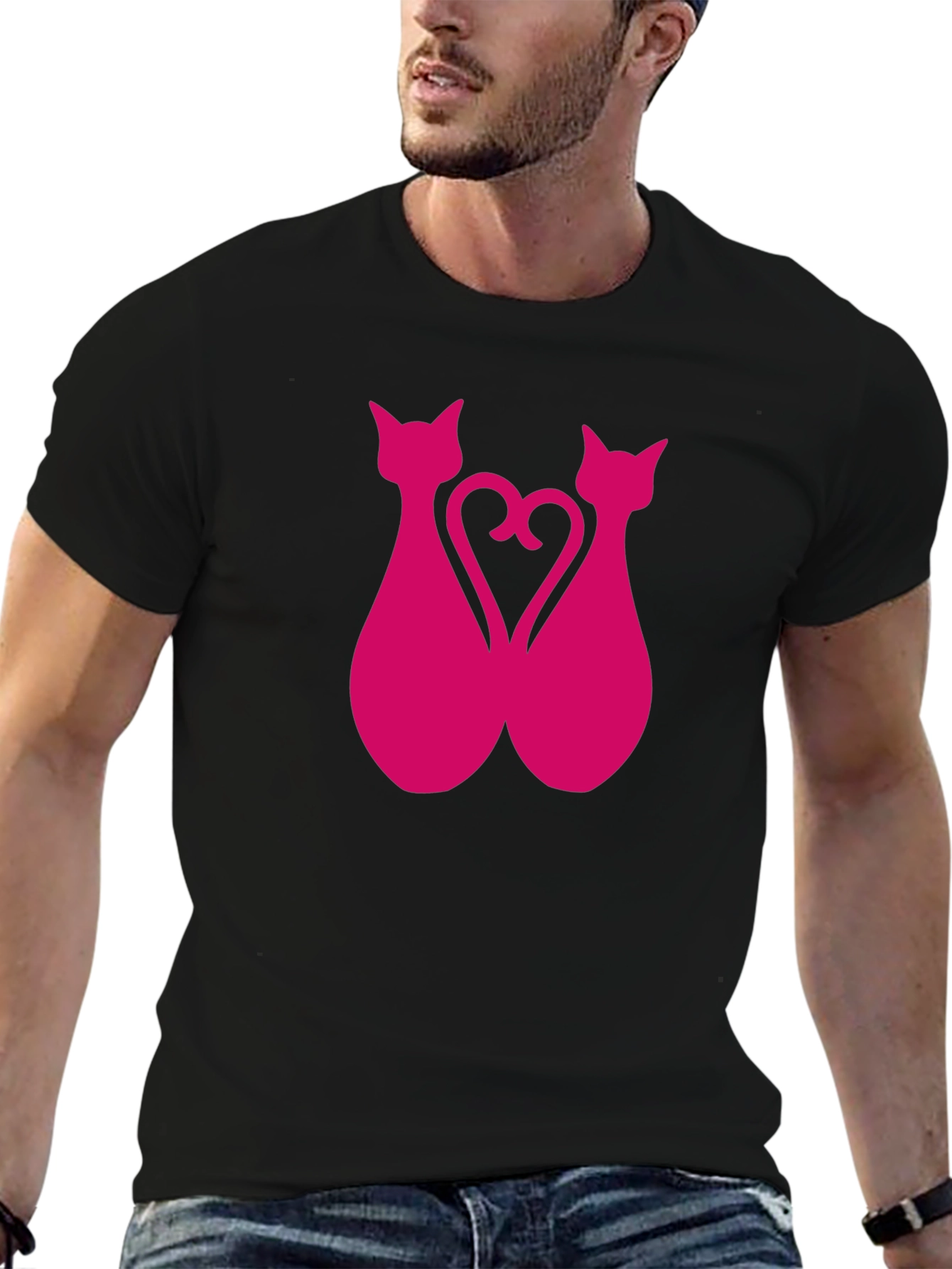 Black Pink Cat Silhouette Heart Graphic Tee view 6