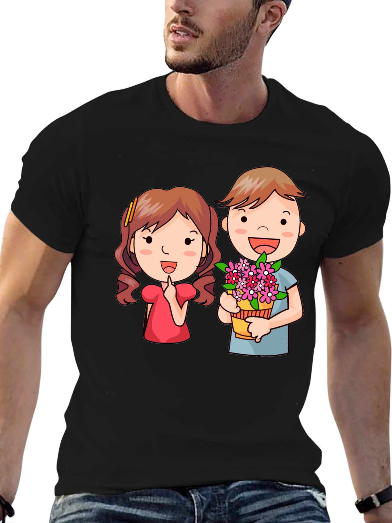 Black Cute Cartoon Couple Graphic T-Shirt view 6