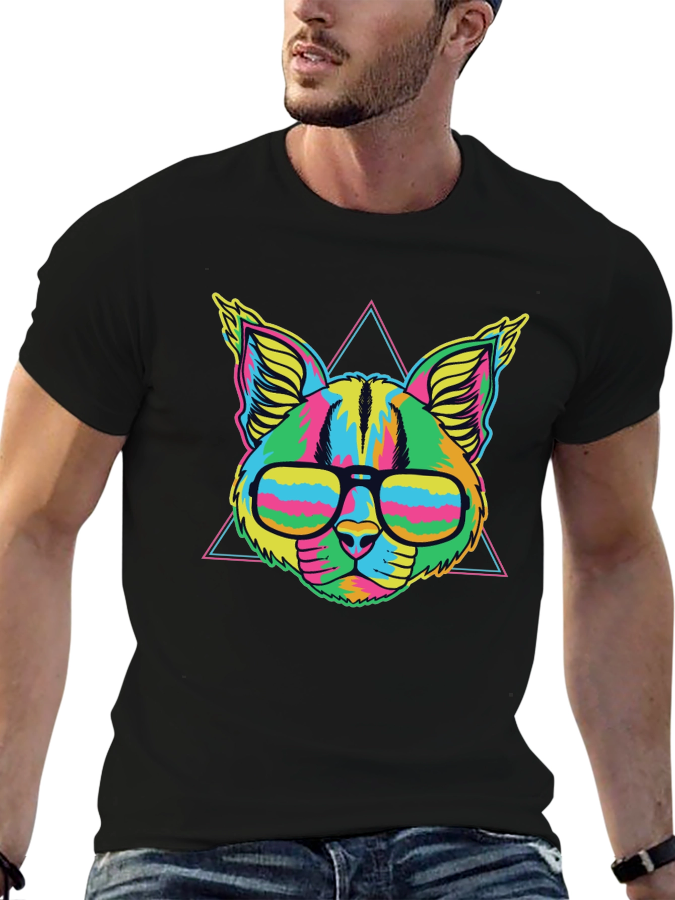 Black Vibrant Neon Cat T-Shirt with Glasses view 6