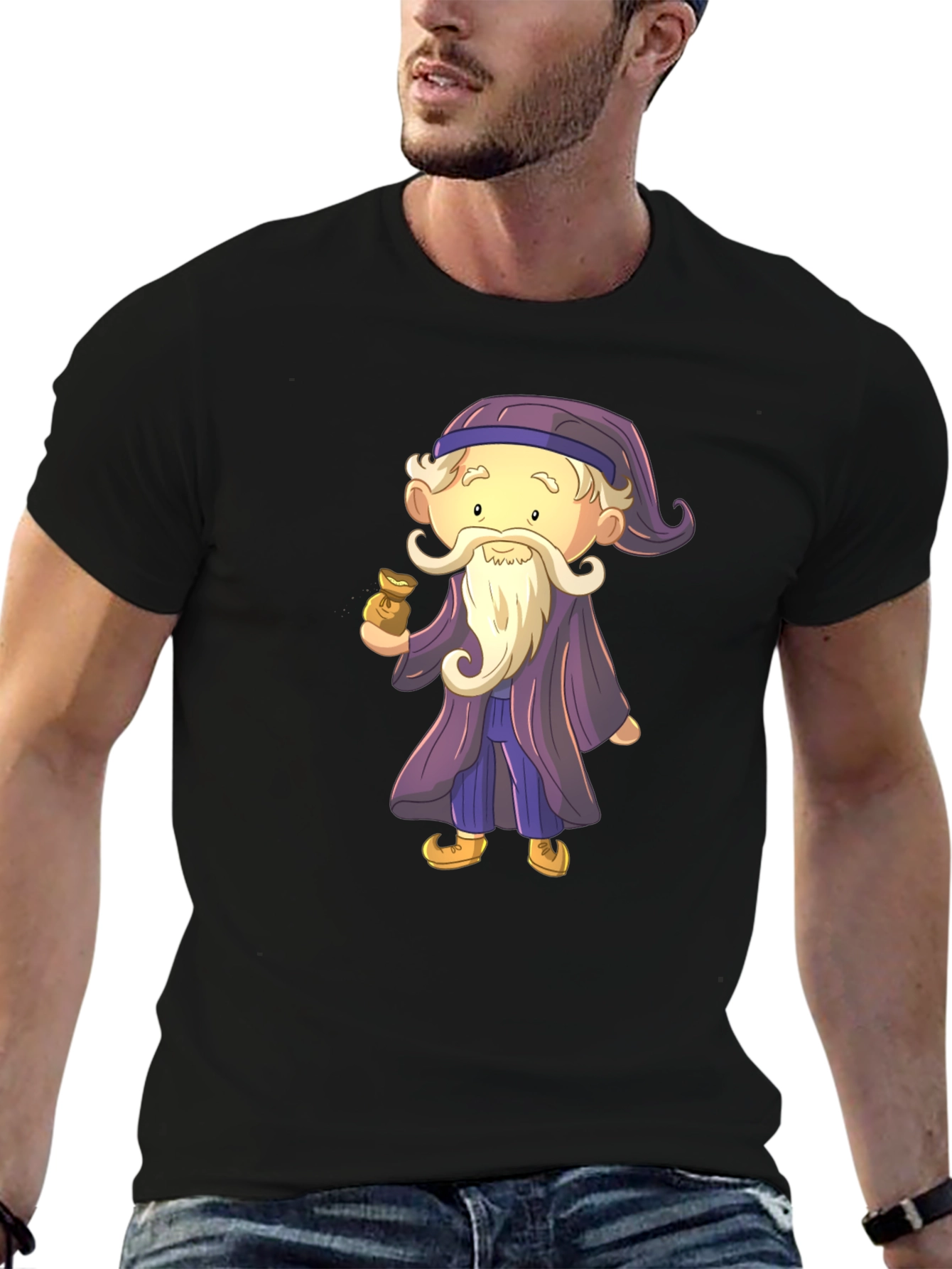 Black Cartoon Wizard Graphic Tee - Black Cotton T-Shirt view 6
