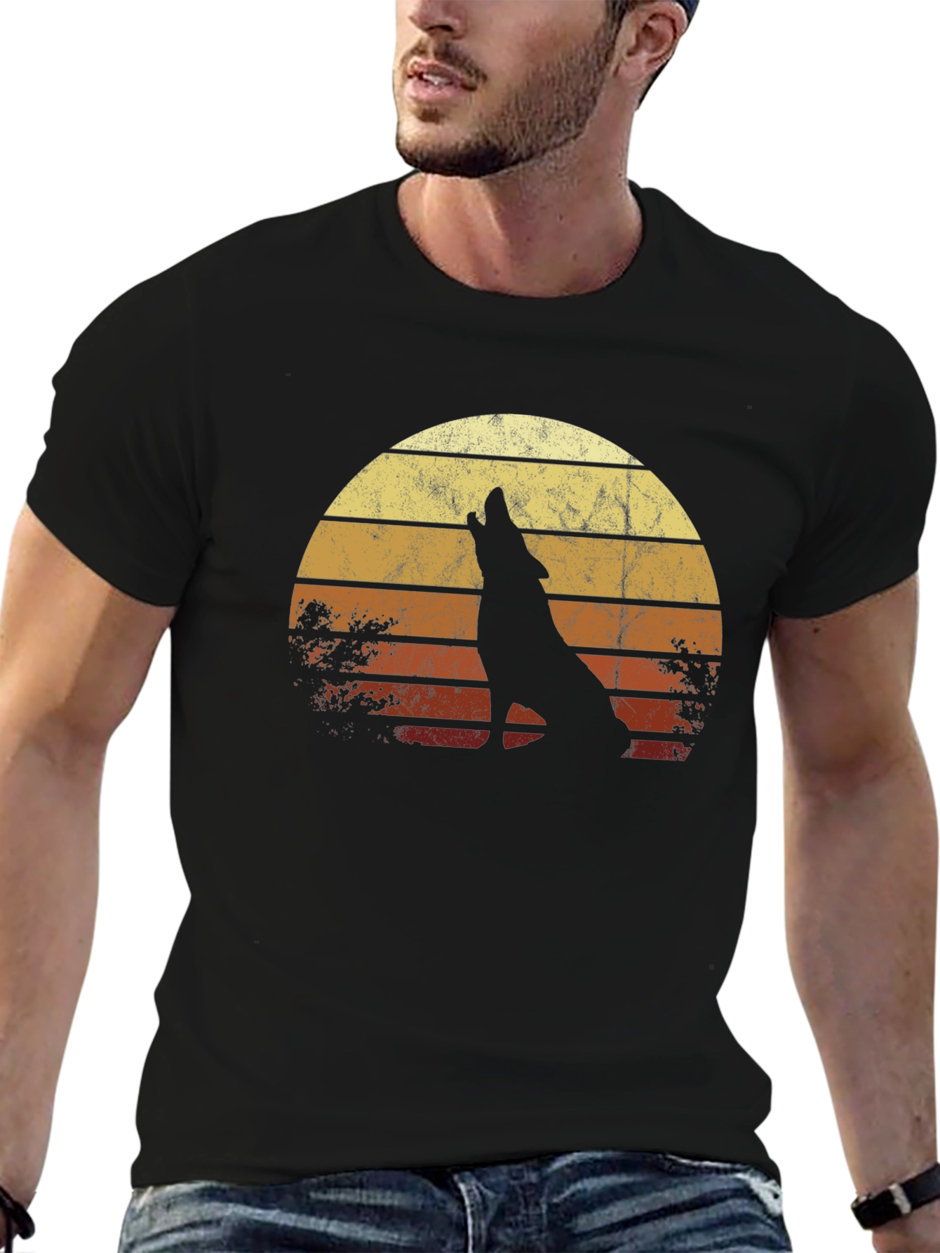 Black Retro Wolf Sunset Graphic Tee - Black view 6