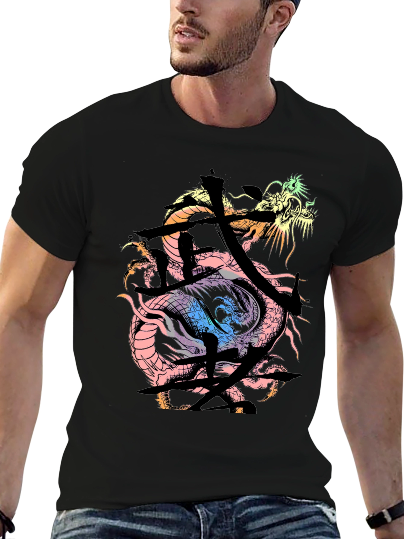 Black Dragon Kanji Graphic Print Black T-Shirt view 6