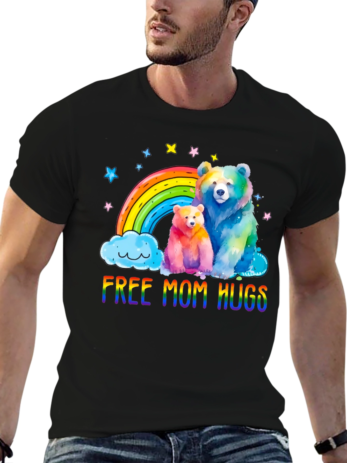 Black Rainbow Bears Mom Hugs T-Shirt view 6