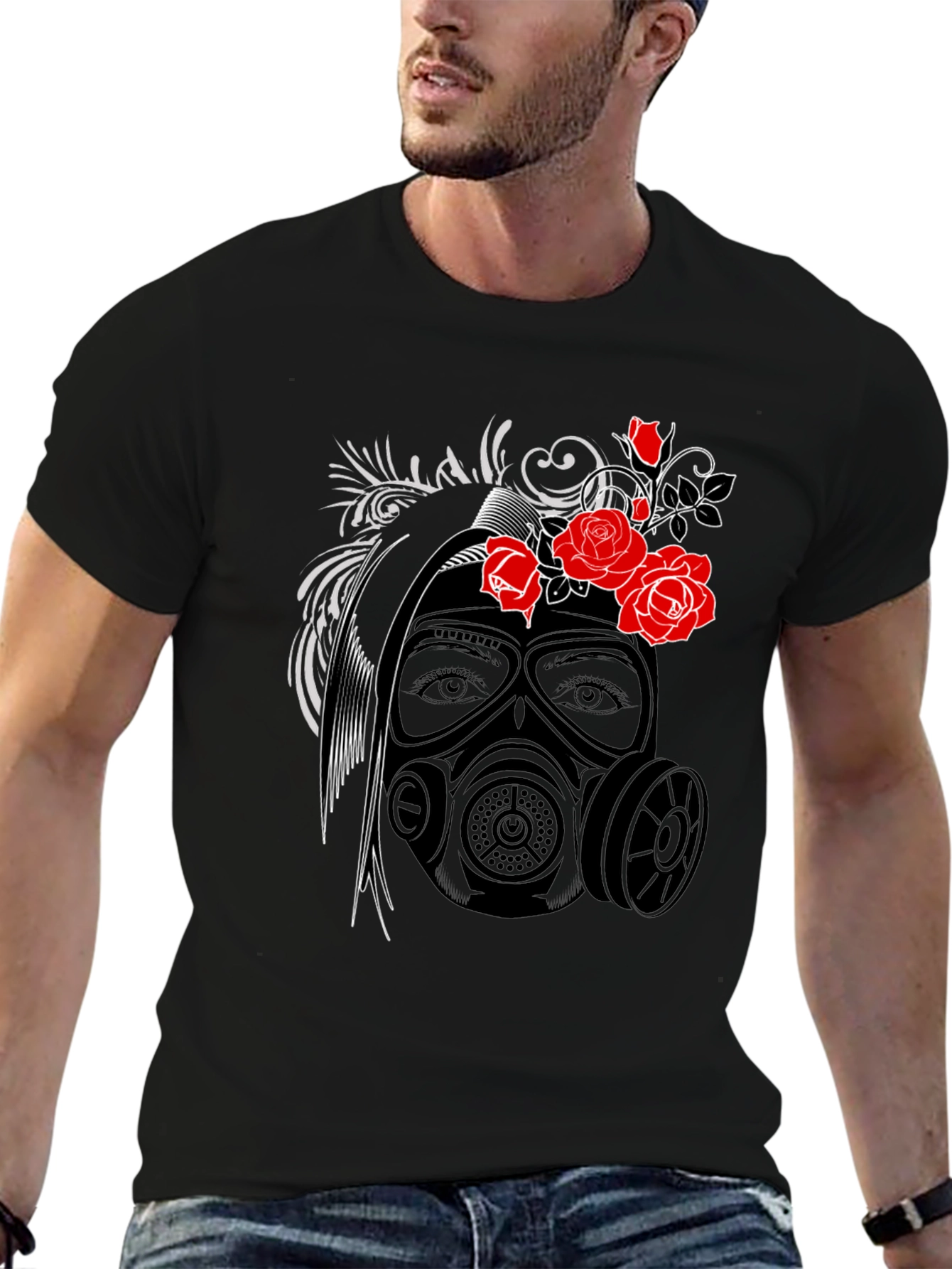 Black Gas Mask Rose Graphic T-Shirt view 6