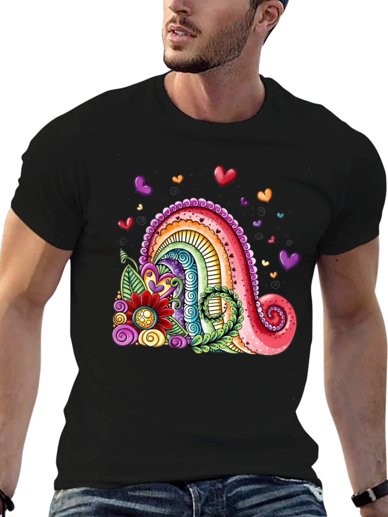Black Colorful Rainbow Hearts Graphic Tee view 6