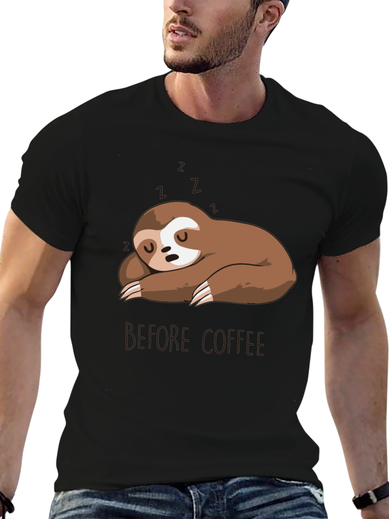 Black Sleeping Sloth Before Coffee T-Shirt view 6