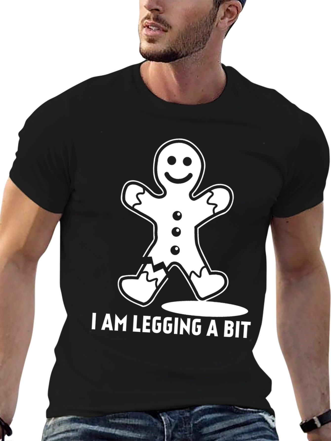 Black Funny Gingerbread Man "I Am Legging A Bit" T-Shirt view 6