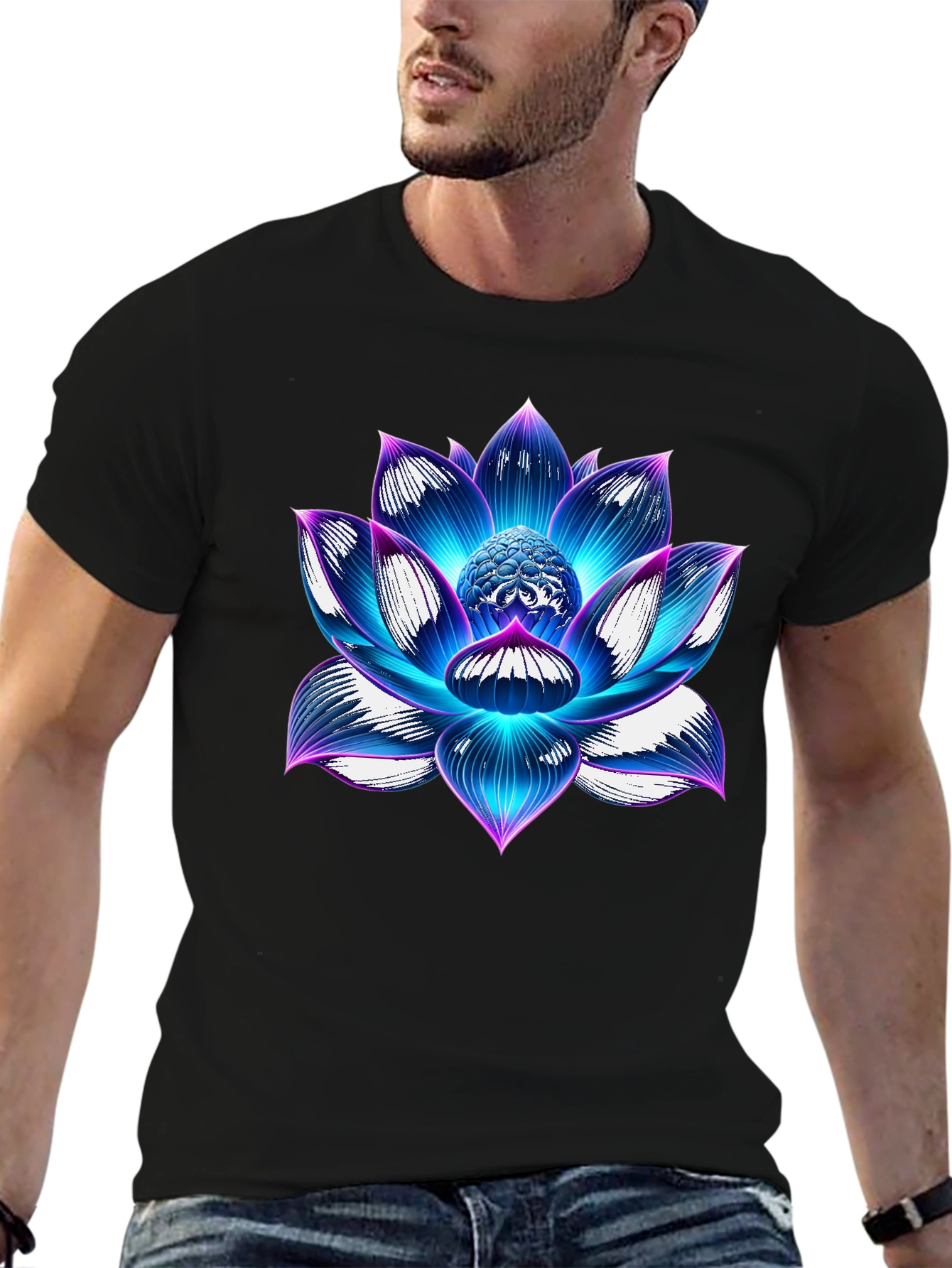 Black Blue Lotus Flower Graphic T-Shirt - Artistic Design view 6