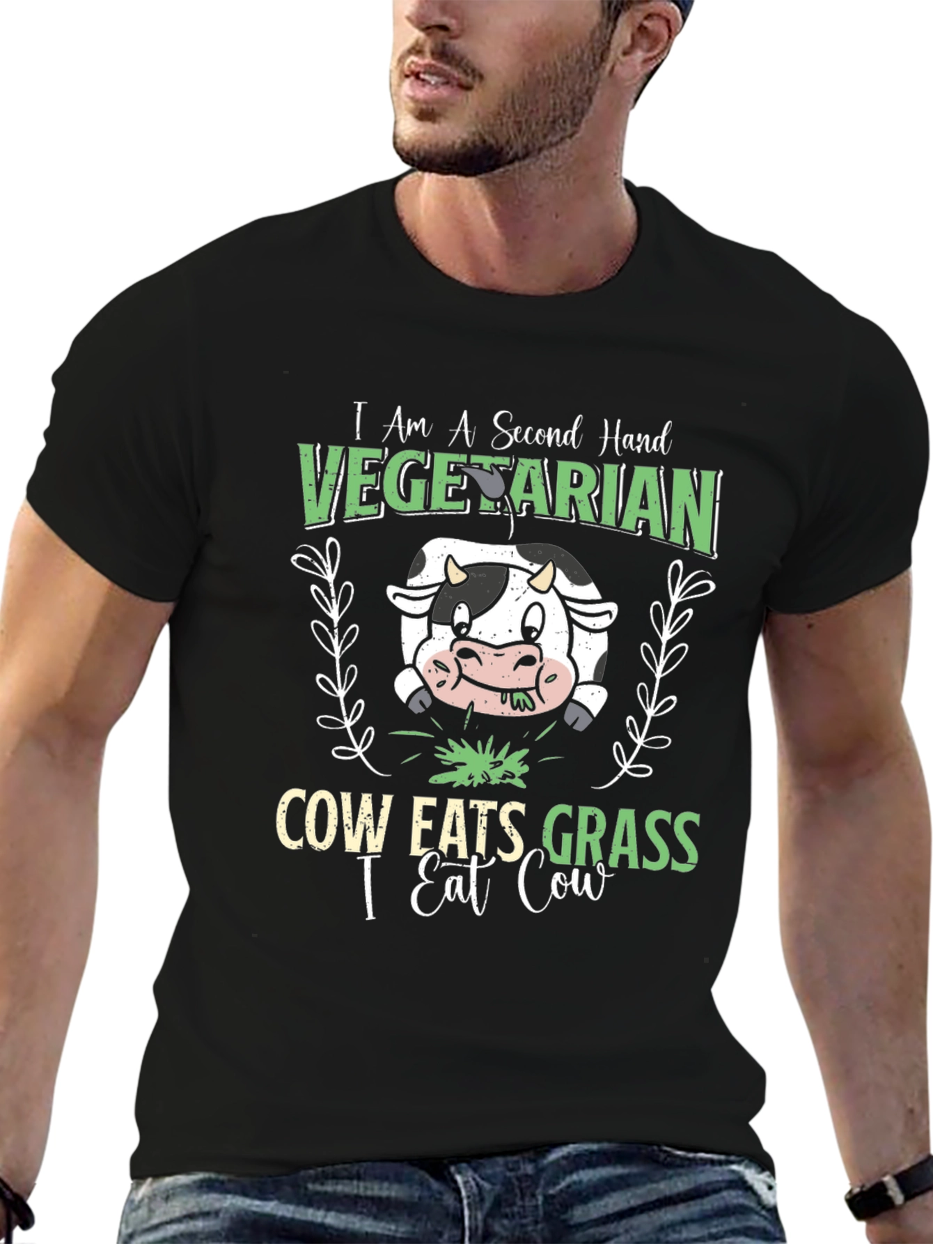 Black Second Hand Vegetarian Funny Cow Graphic T-Shirt view 6