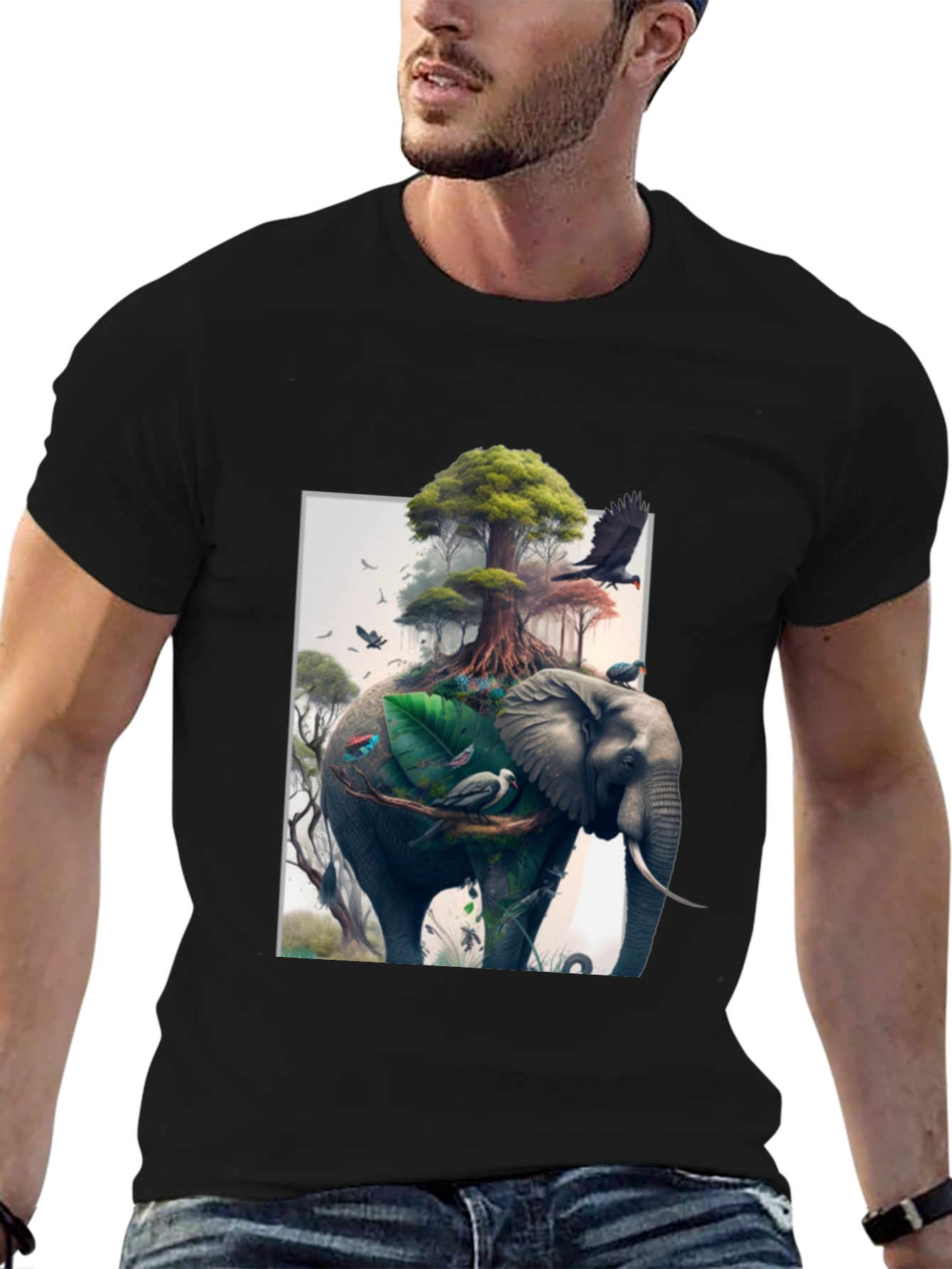 Black Nature Elephant Print Black T-Shirt view 6