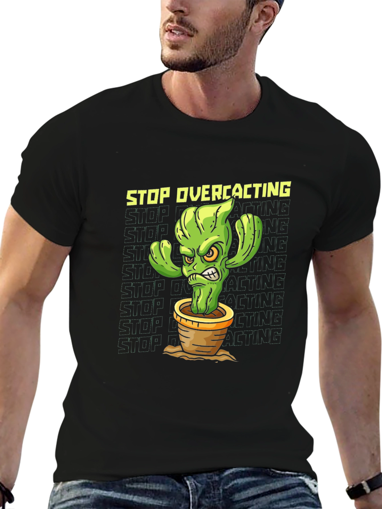 Black Stop Overcacting T-Shirt - Funny Cactus Graphic Tee view 6