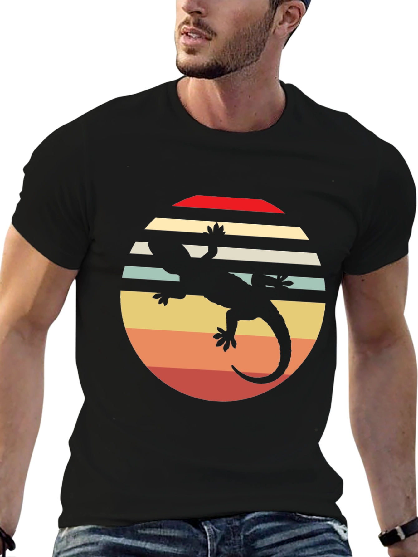 Retro Lizard Sunset Graphic Tee - Black Cotton Comfort - 6
