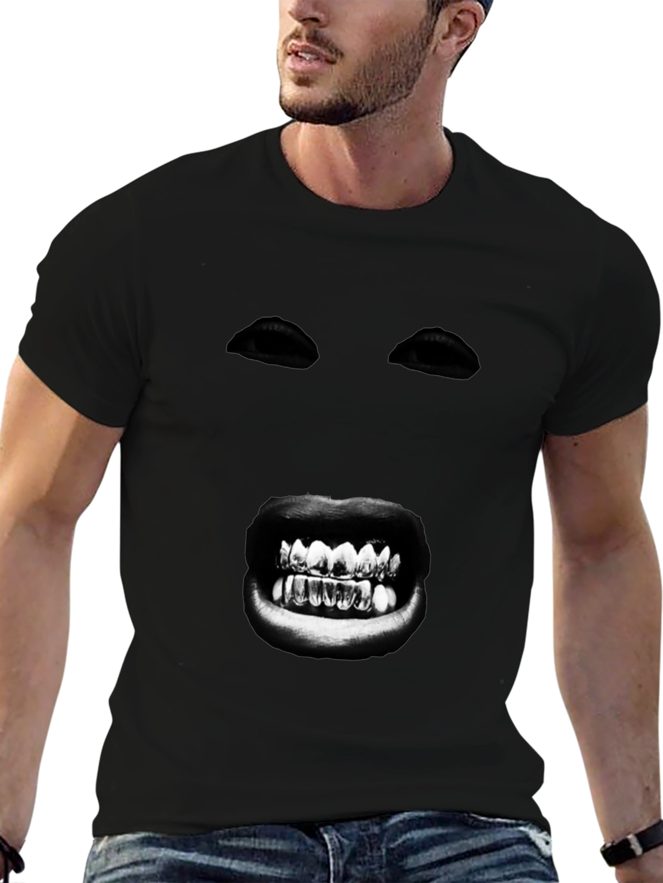 Black Mysterious Face Graphic T-Shirt - Bold Black Tee view 6