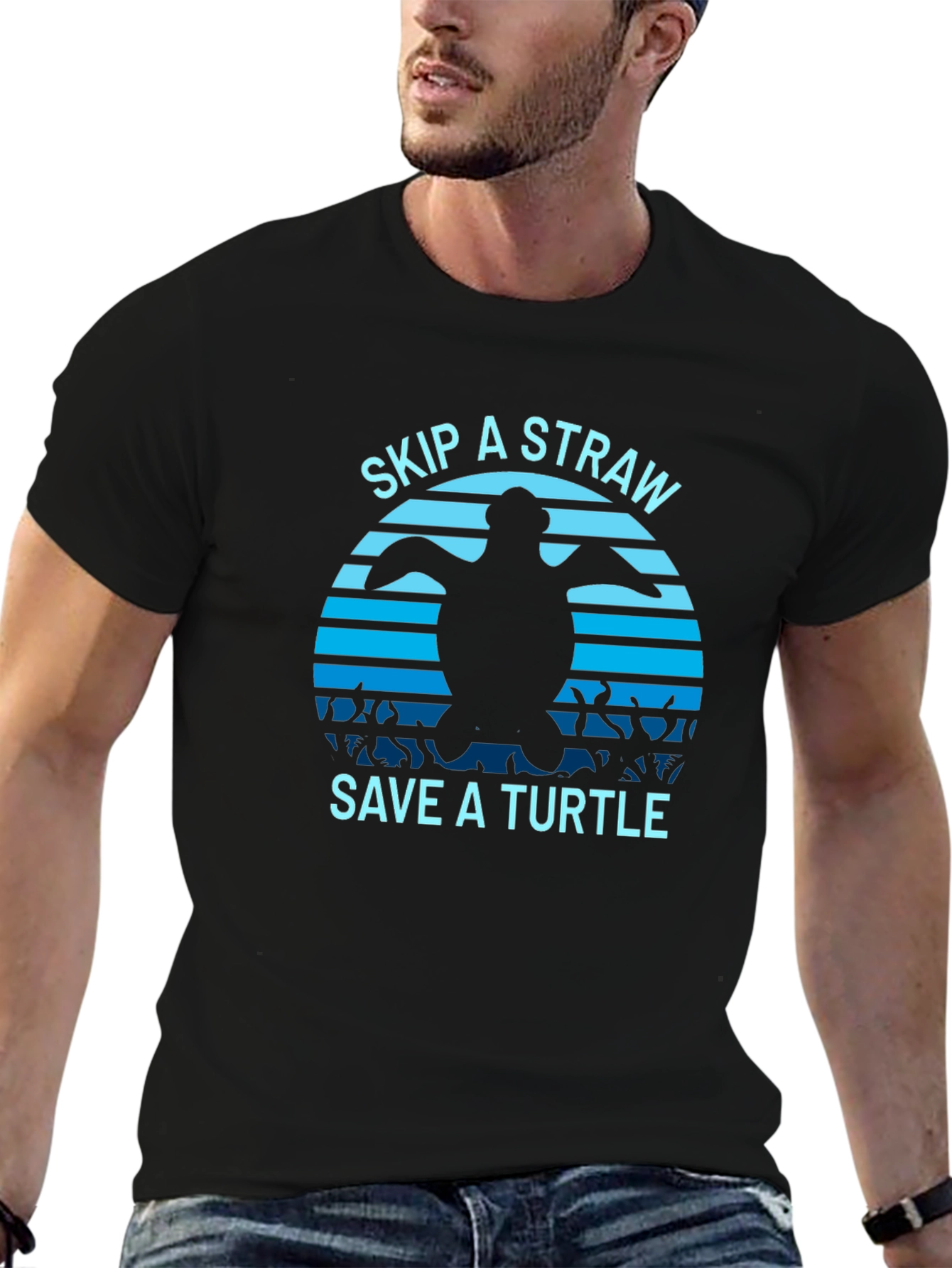Black Skip a Straw Save a Turtle T-Shirt view 6