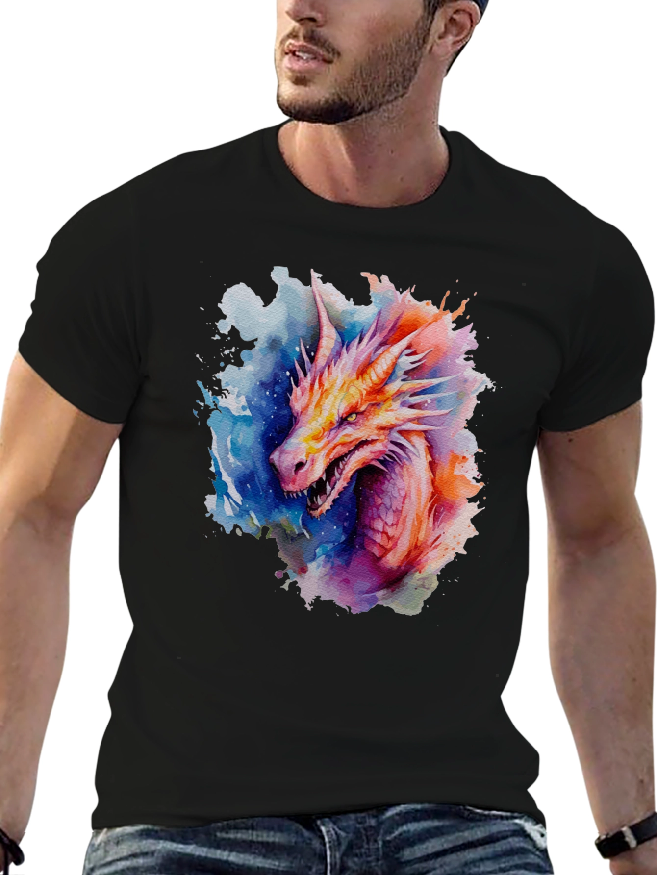 Black Watercolor Dragon Graphic Black T-Shirt view 6