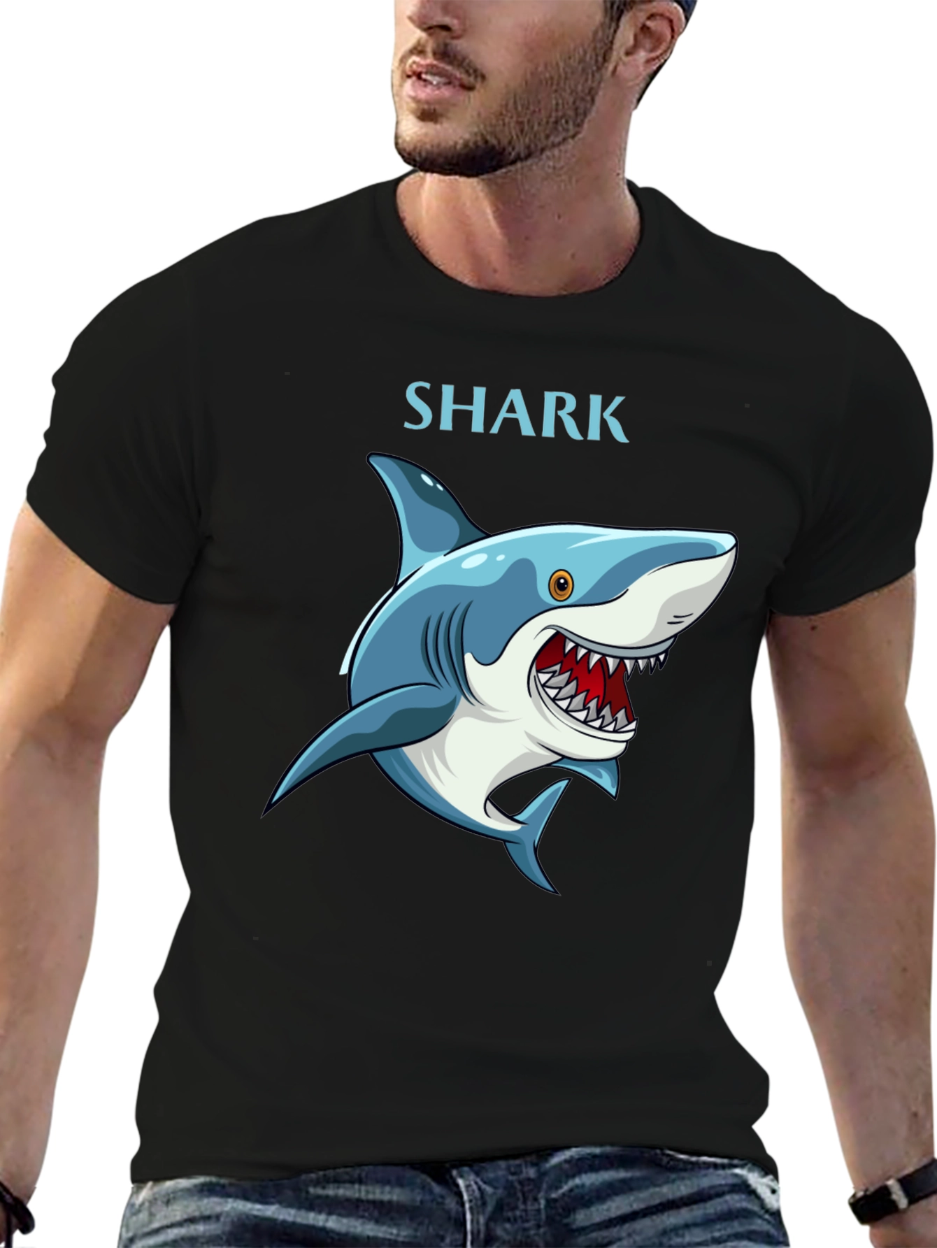 Cartoon Shark Graphic T-Shirt - Black Cotton Tee - 6