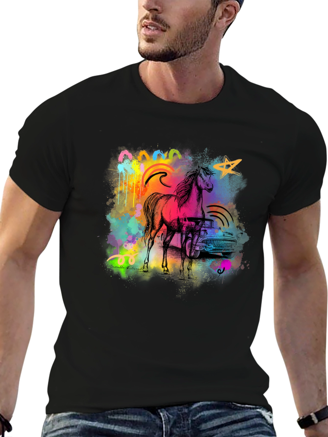 Black Vibrant Horse & Car Graphic Print Black T-Shirt view 6