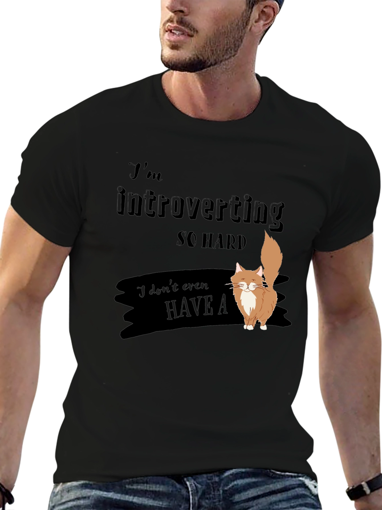 Black Introverted Cat T-Shirt - Soft Cotton Blend view 6