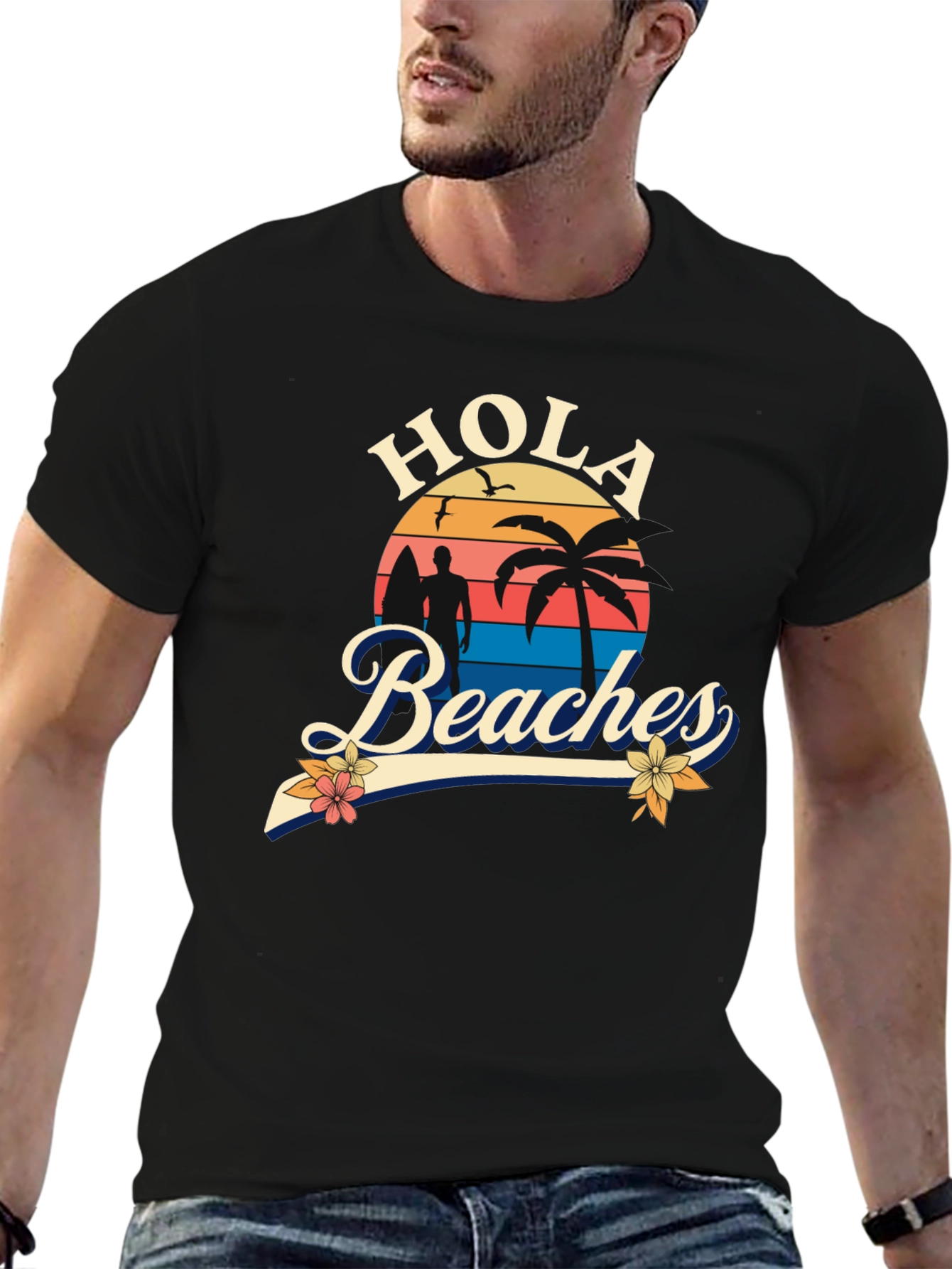 Black Hola Beaches T-Shirt - Sunset Beach Design view 6