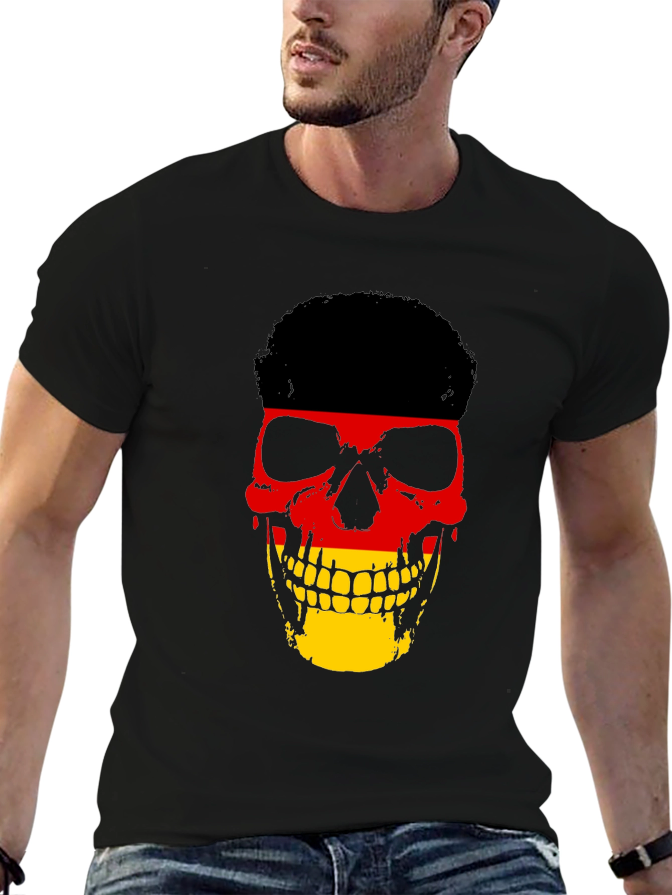 Black German Flag Skull Graphic Tee - Black Cotton T-Shirt view 6