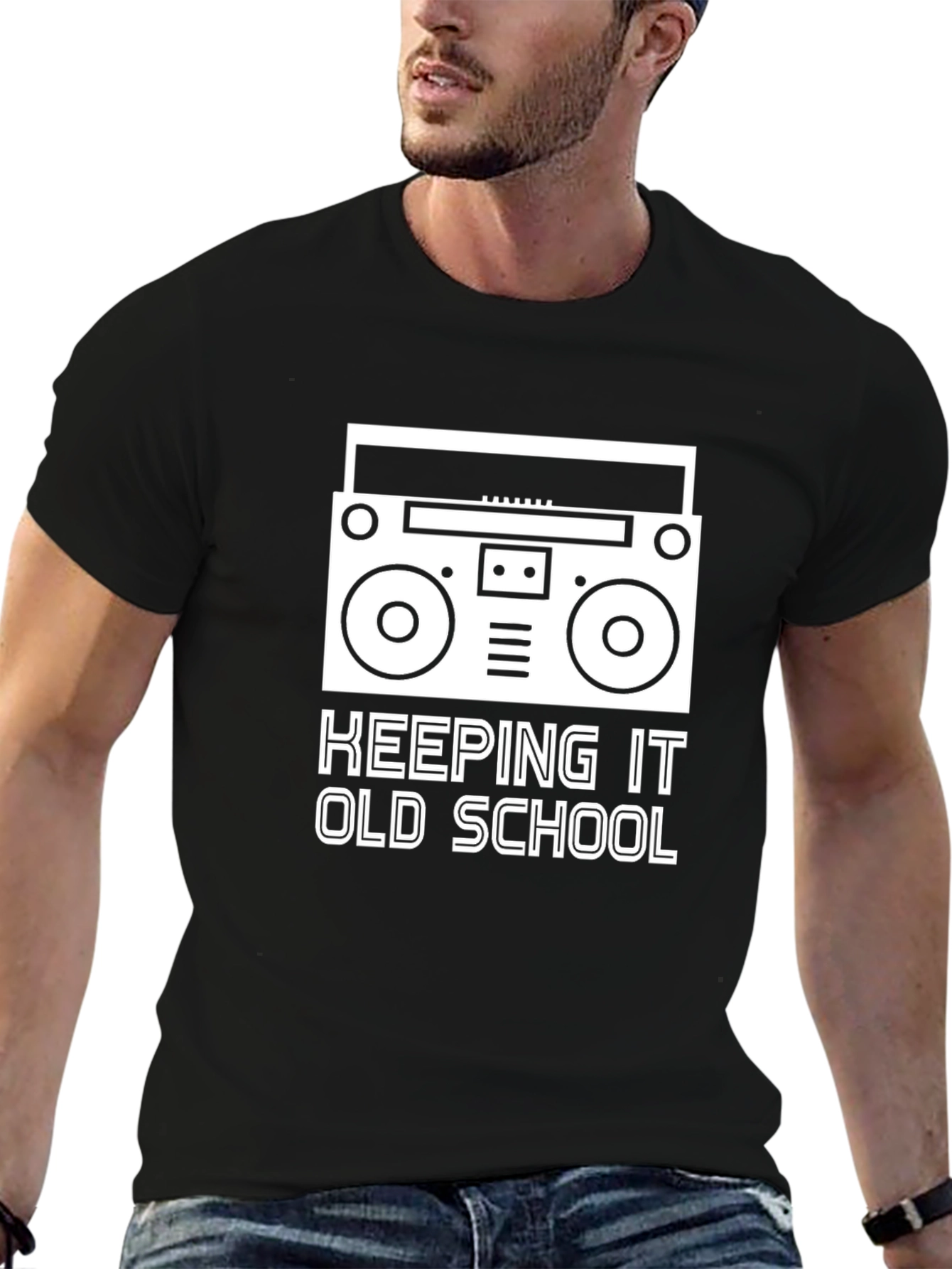 Black Keeping It Old School T-Shirt - Retro Boombox Design view 6