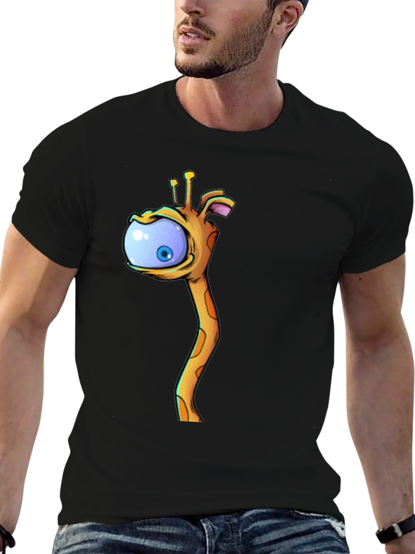 Black Cartoon Giraffe Eye T-Shirt - Black Cotton Tee view 6