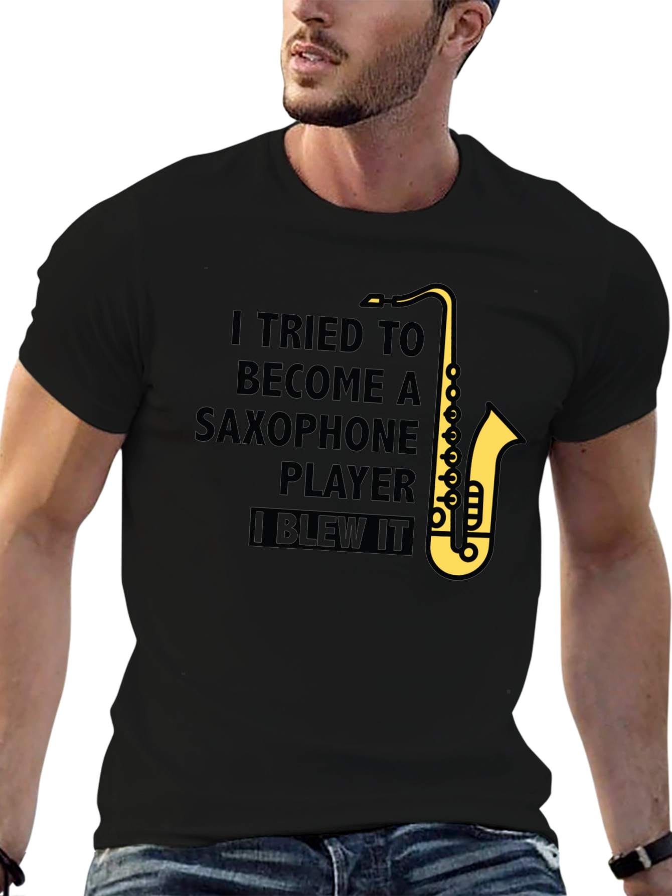Black Saxophone Player Humor T-Shirt - "I Blew It" view 6