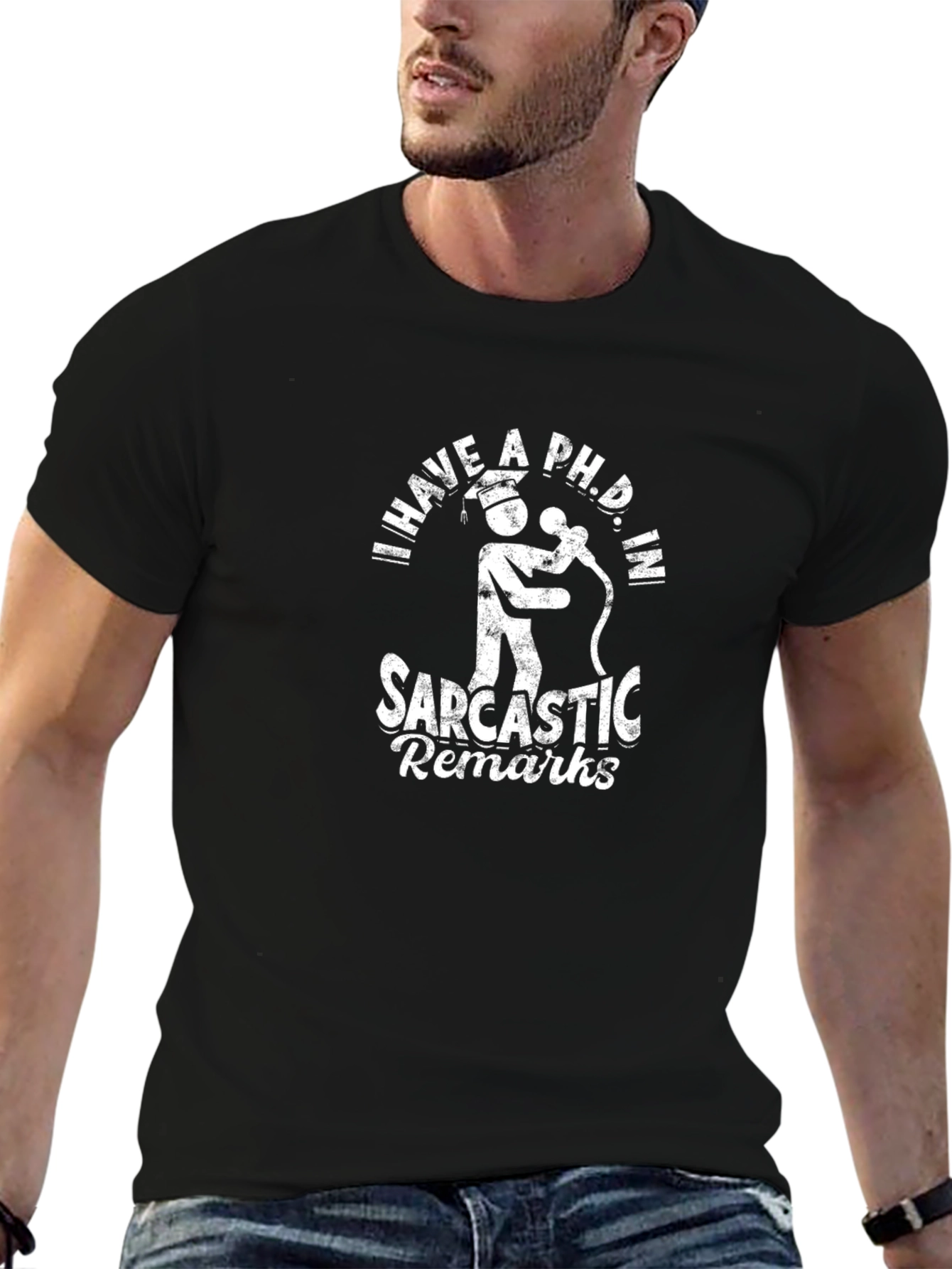 Black Sarcastic Remarks PhD Graphic Tee - Black Cotton T-Shirt view 6