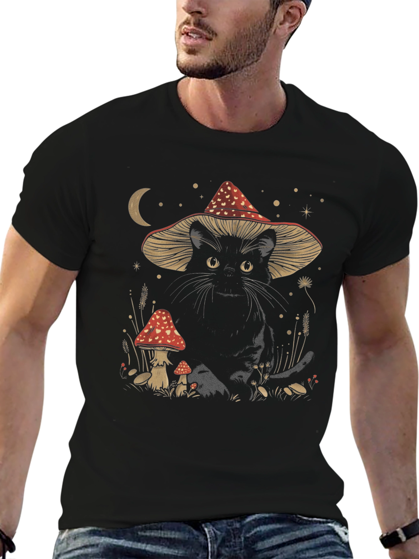 Black Cat in Mushroom Hat T-Shirt - Whimsical Graphic Tee view 6