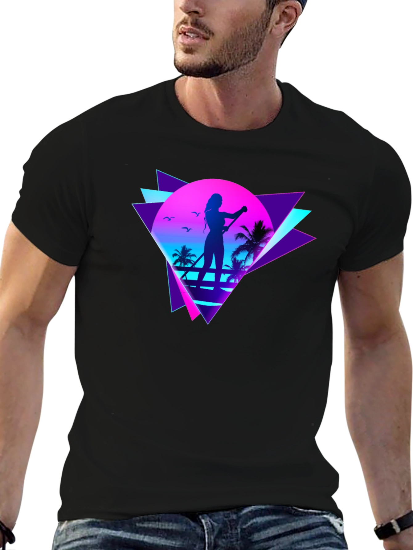 Black Retro Wave Paddleboarder Graphic Tee view 6