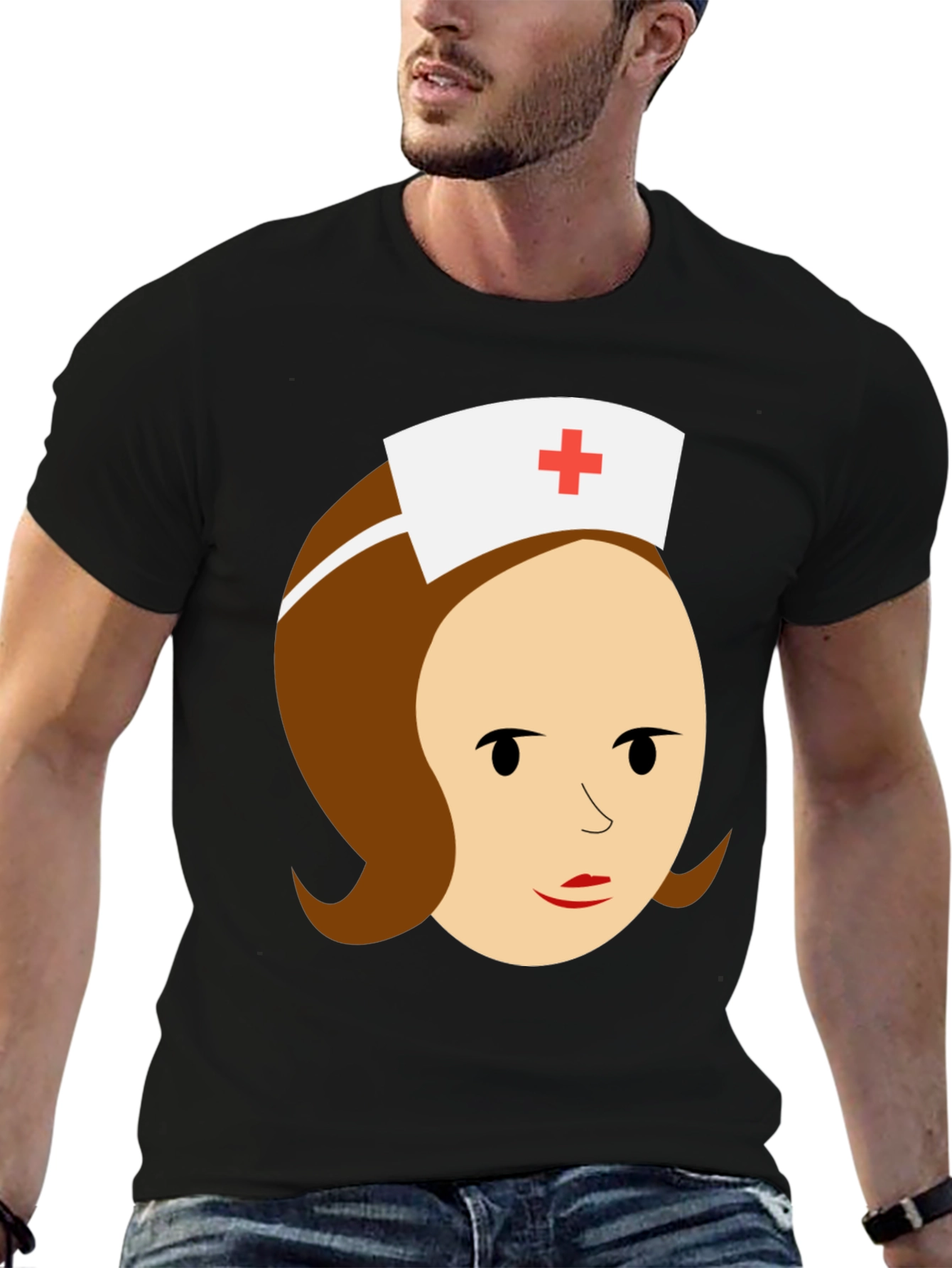 Black Cartoon Nurse Graphic Tee - Black Cotton T-Shirt view 6