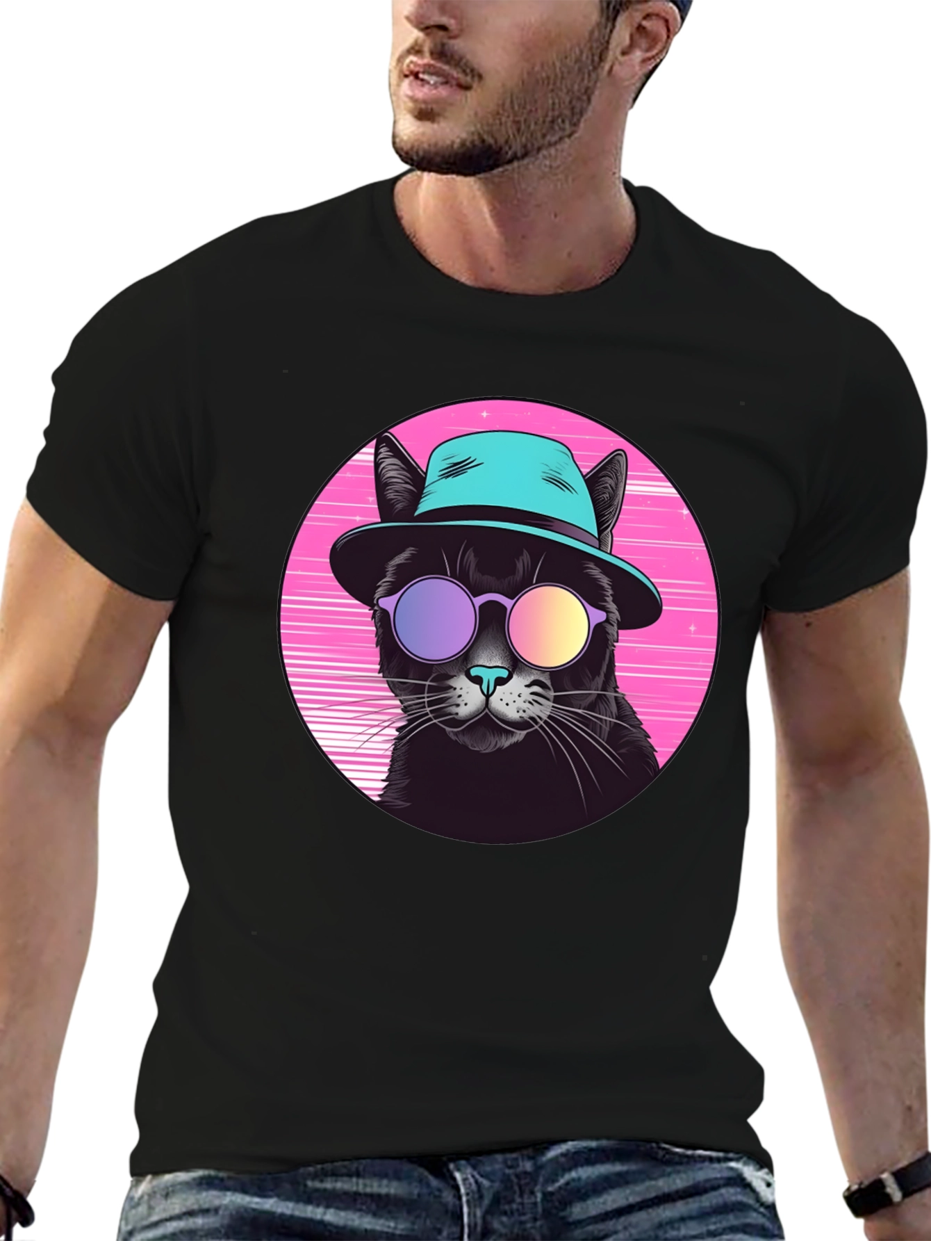 Black Cool Cat Retro T-Shirt view 6