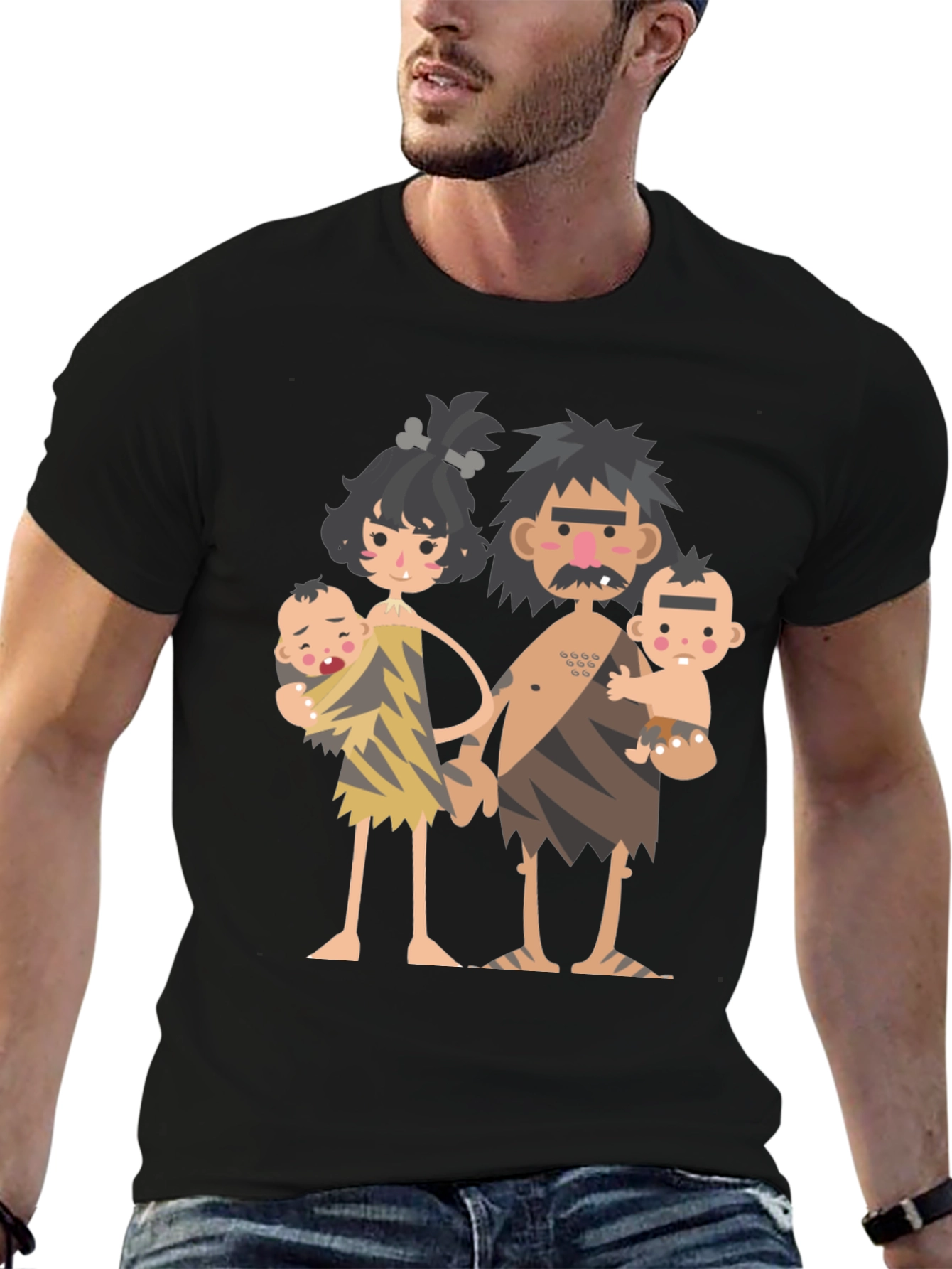 Black Cartoon Caveman Family Graphic T-Shirt view 6