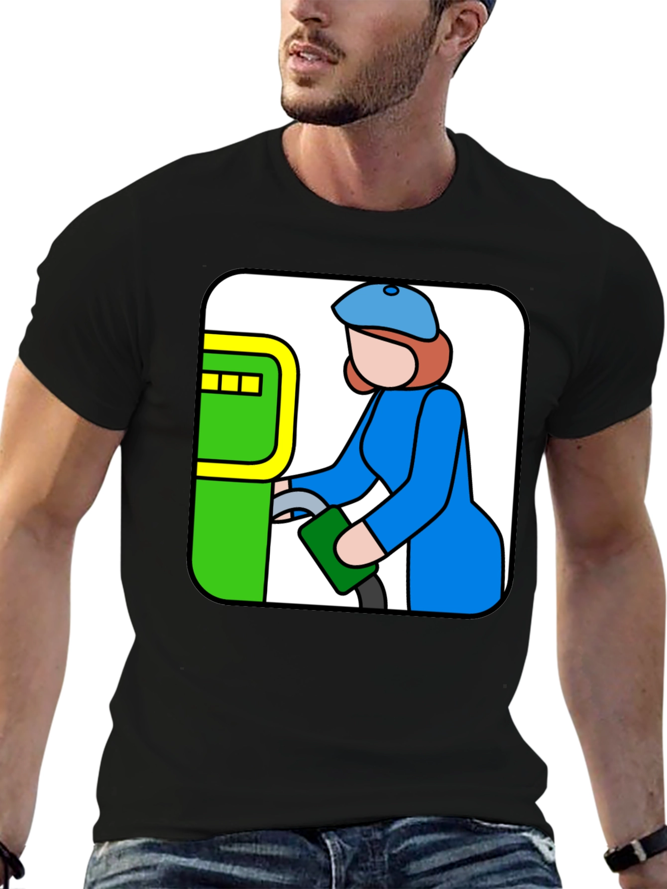 Black Cartoon Gas Station T-Shirt - Black Cotton Tee view 6