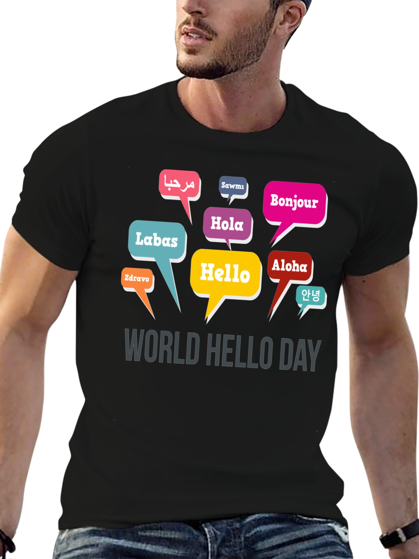 Black World Hello Day T-Shirt - Multilingual Greetings view 6