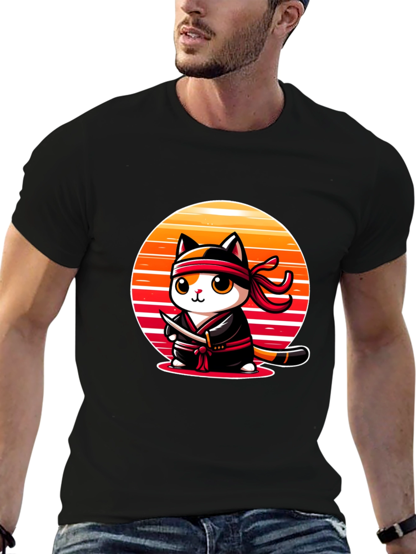Black Ninja Cat T-Shirt: Sunset Samurai Kitten view 6