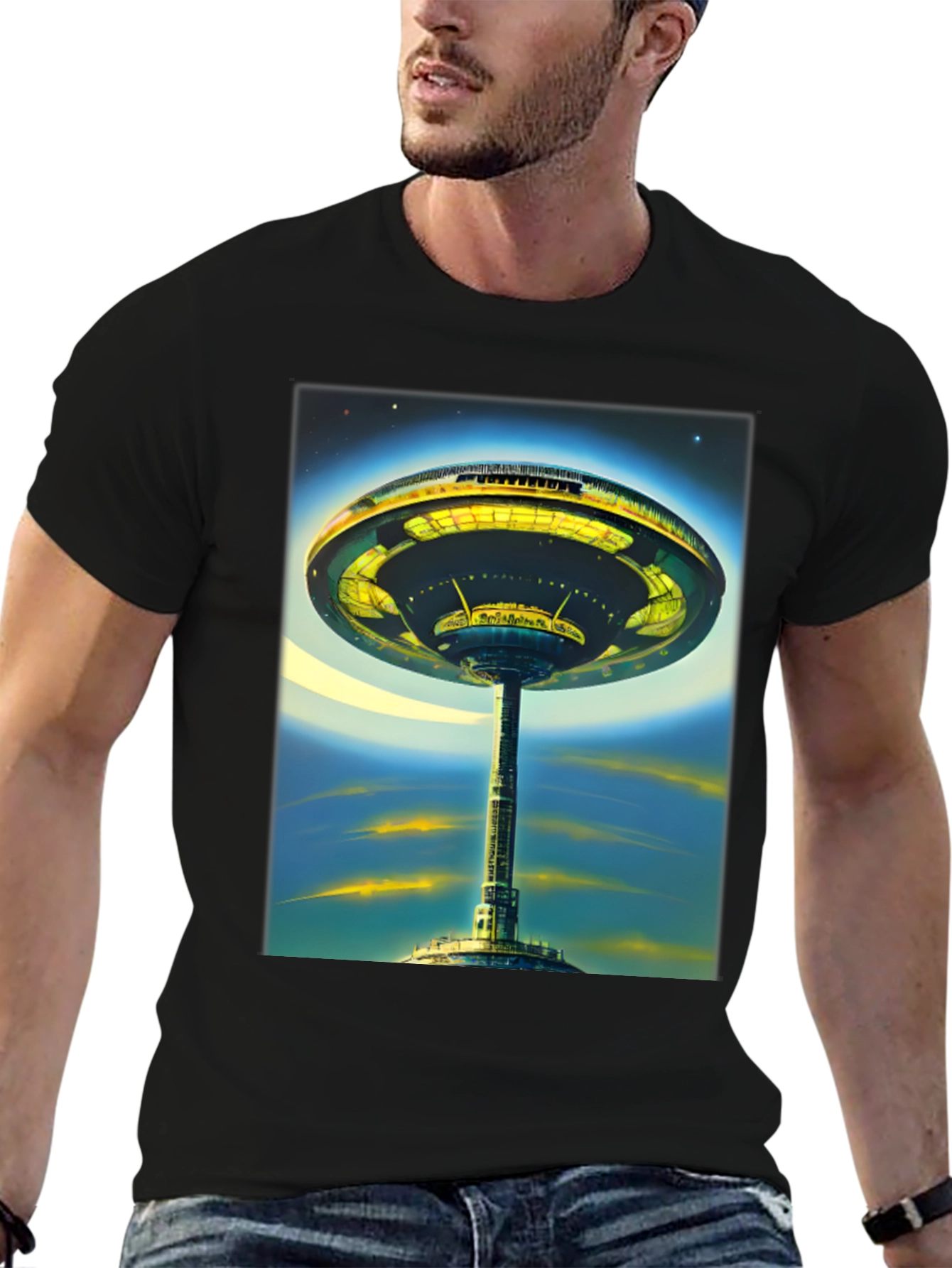 Black Futuristic Cityscape Graphic Tee - Sci-Fi Style view 6
