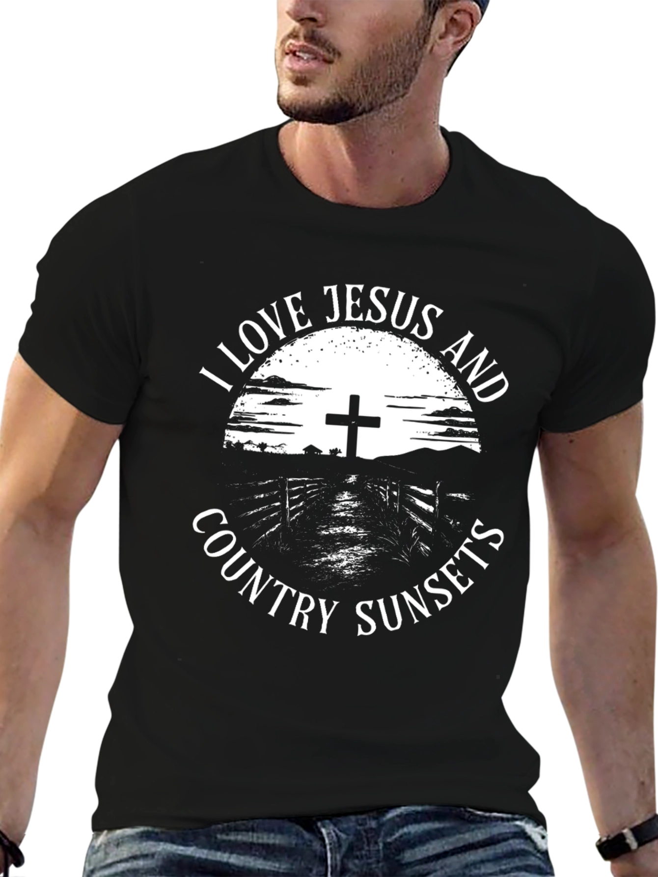 Black I Love Jesus and Country Sunsets Graphic Tee view 6