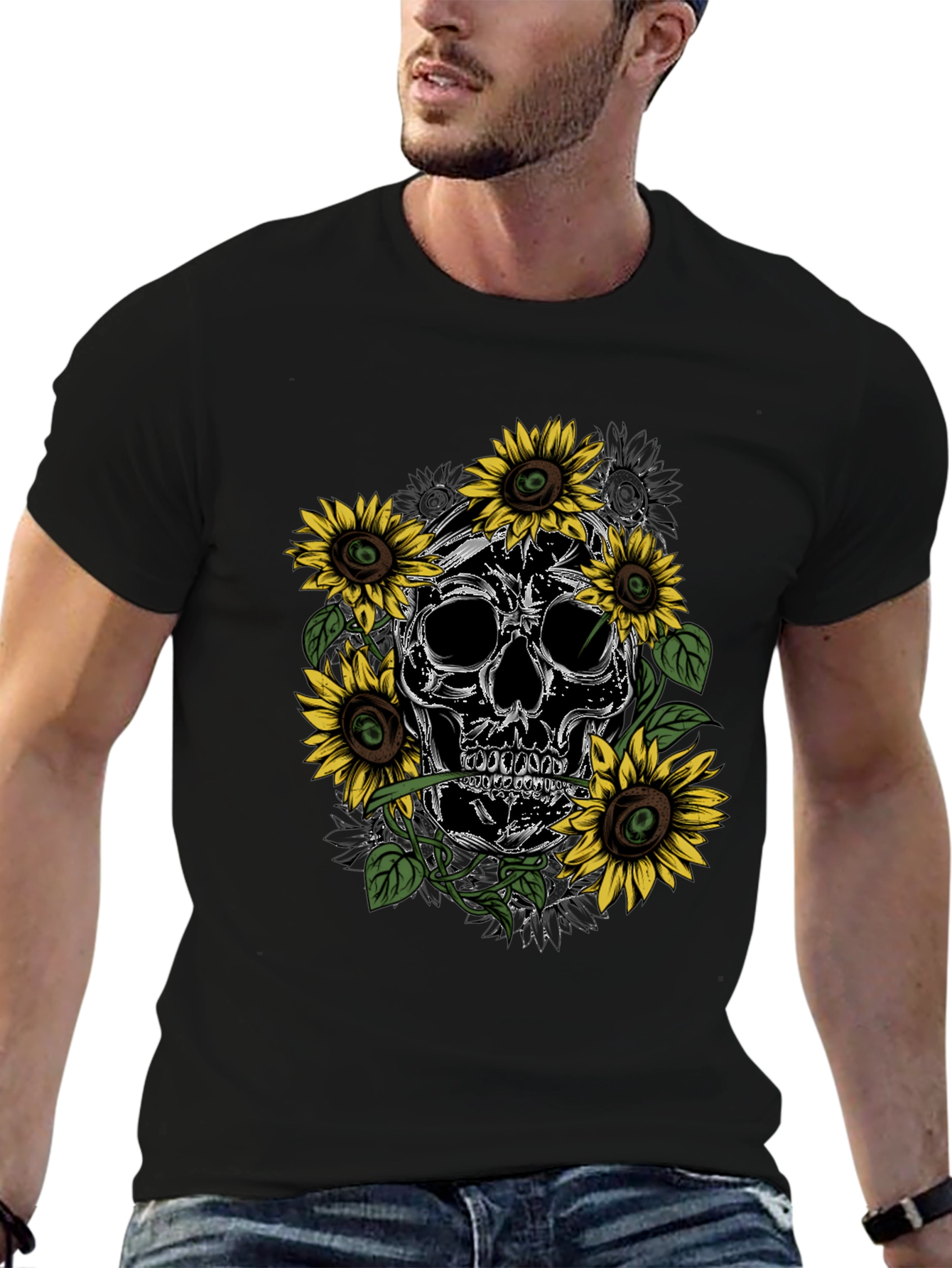 Black Skull & Sunflower Graphic Tee - Men's Black T-Shirt view 6