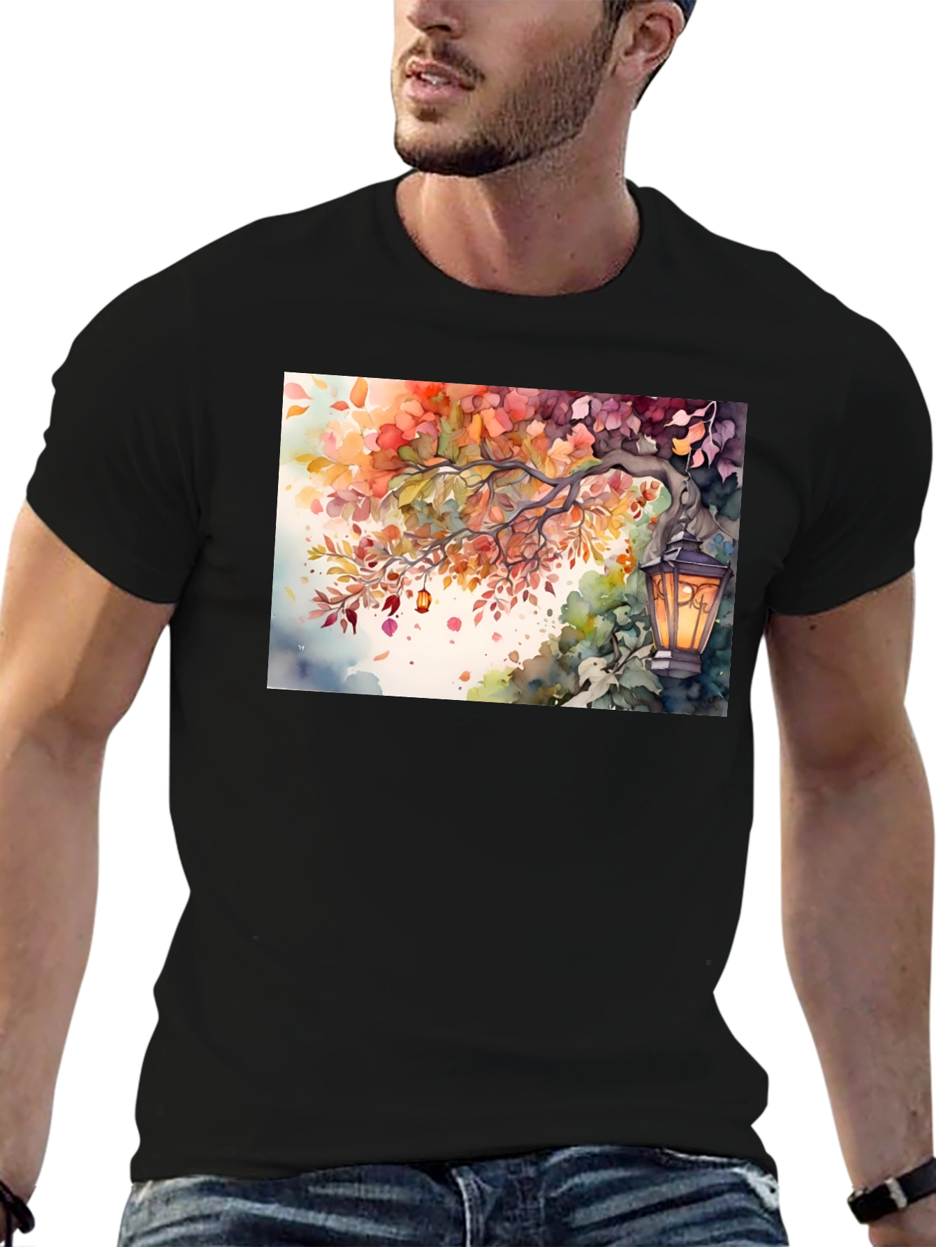 Black Watercolor Autumn Scene T-Shirt view 6