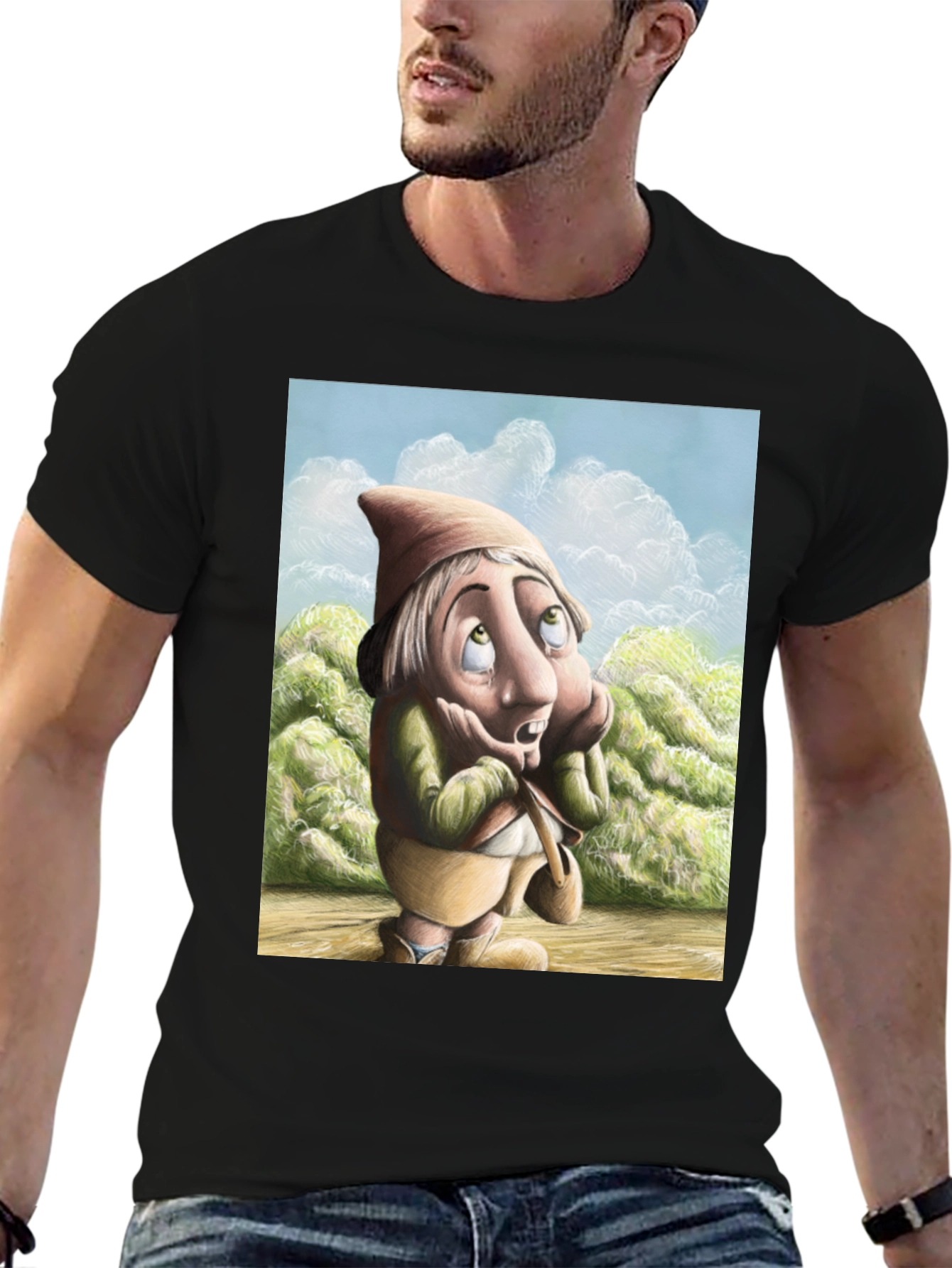 Black Whimsical Gnome T-Shirt - Unique Cartoon Design view 6